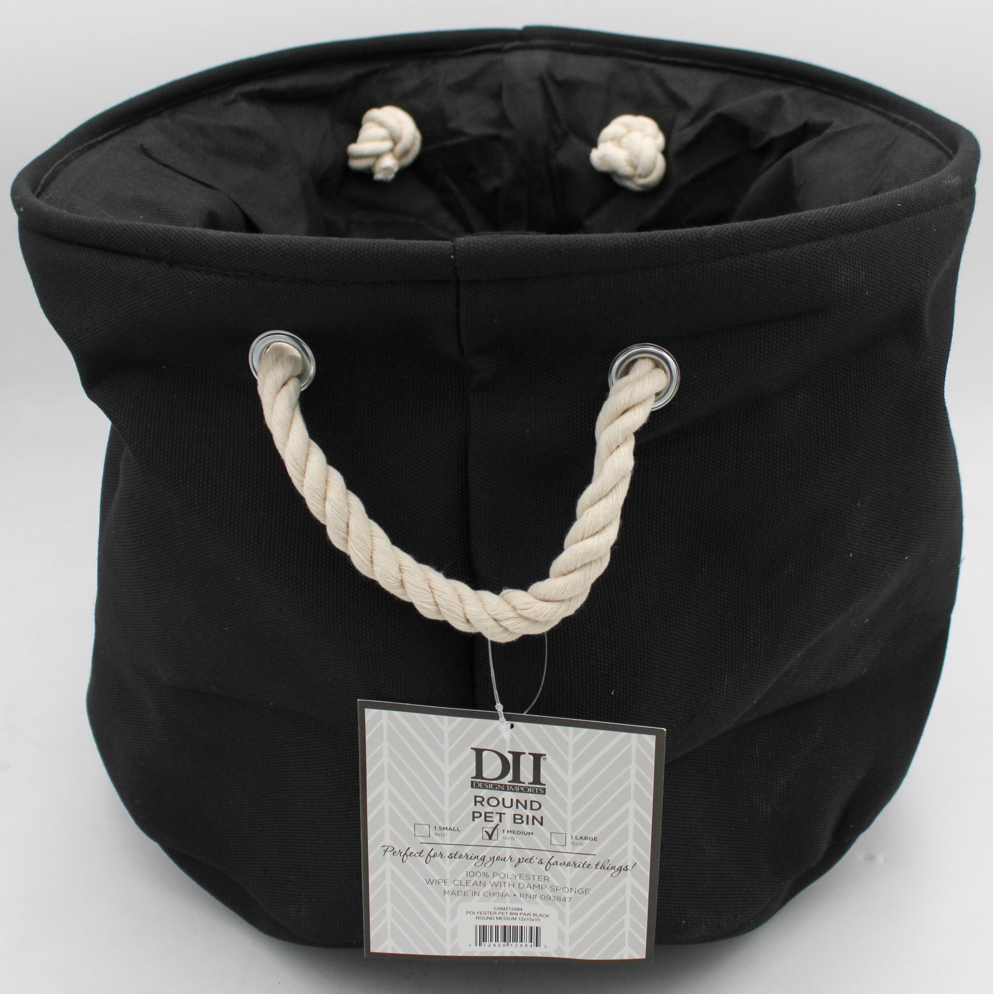 POLYESTER PET BIN PAW BLACK ROUND MEDIUM 12x15x15.