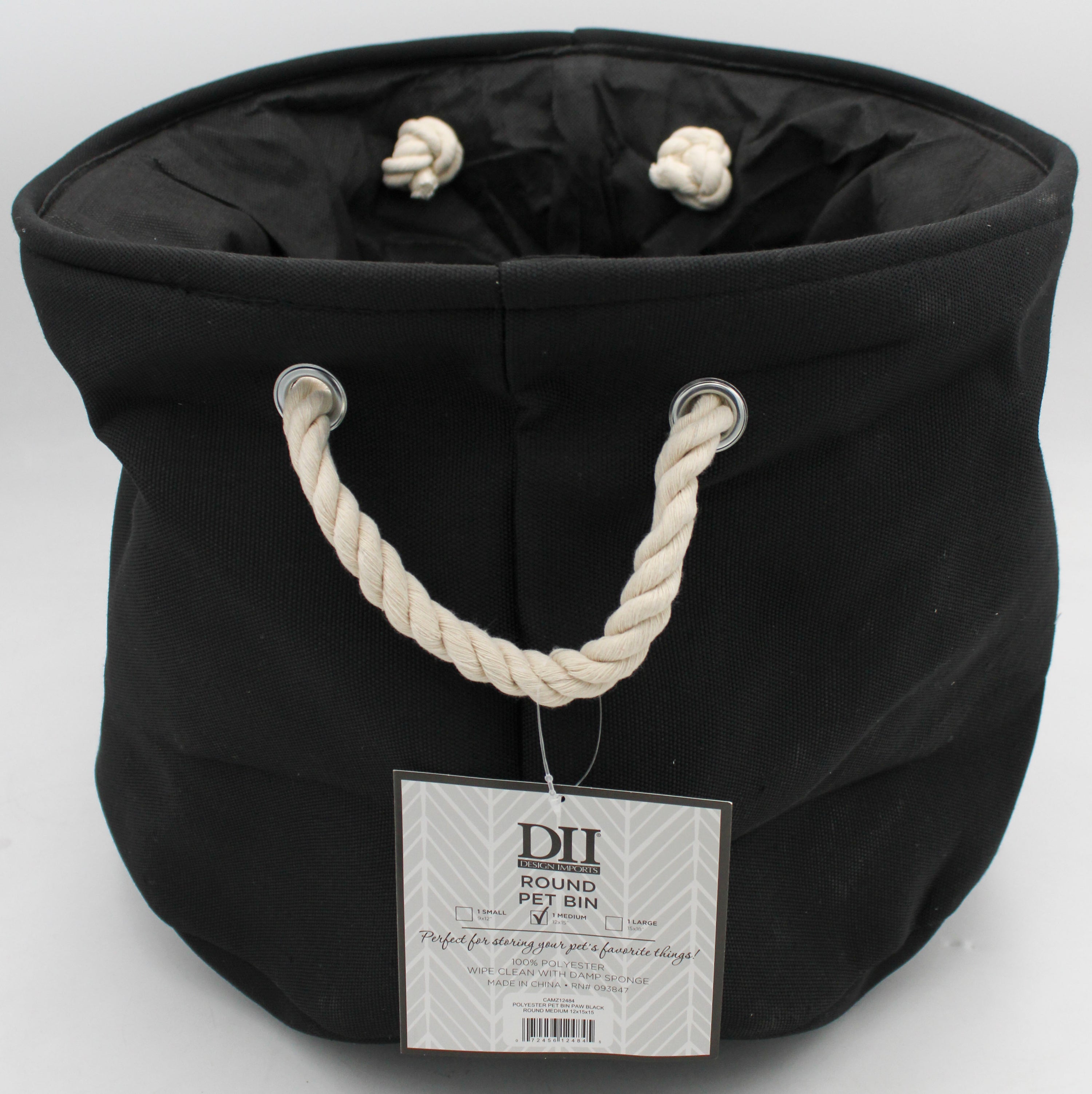 POLYESTER PET BIN PAW BLACK ROUND MEDIUM 12x15x15.