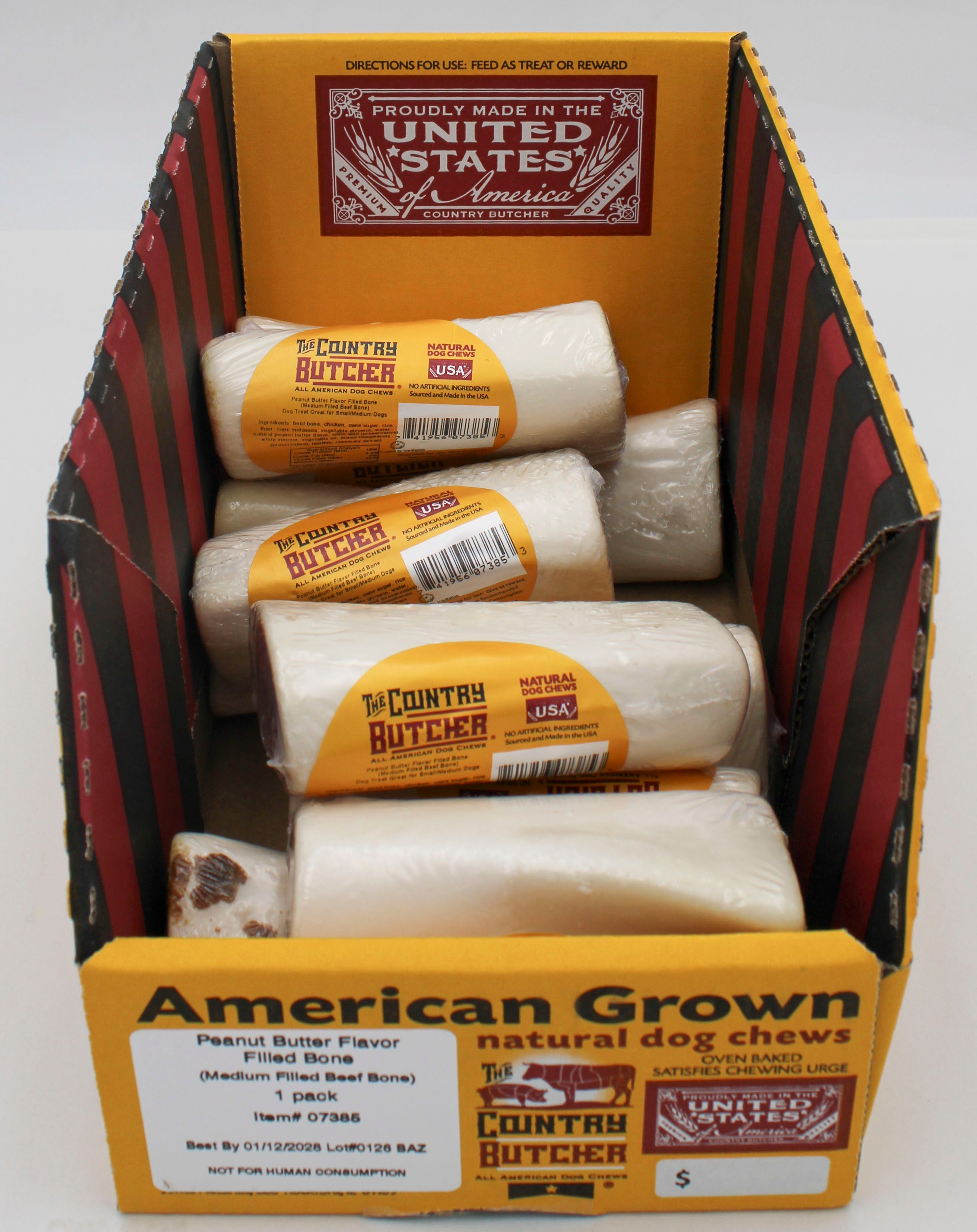 THE COUNTRY BUTCHER NATURAL DOG CHEWS PEANUT BUTTER 1CT FILLED BONE 6.4oz BB 1/12/2028