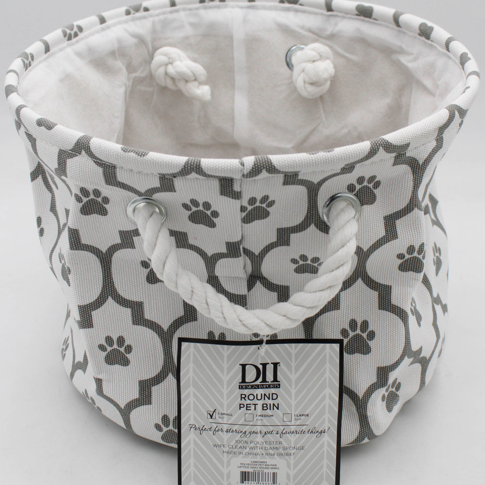 POLYESTER PET BIN PAW LATTICE GRAY ROUND SMALL 9x12x12.