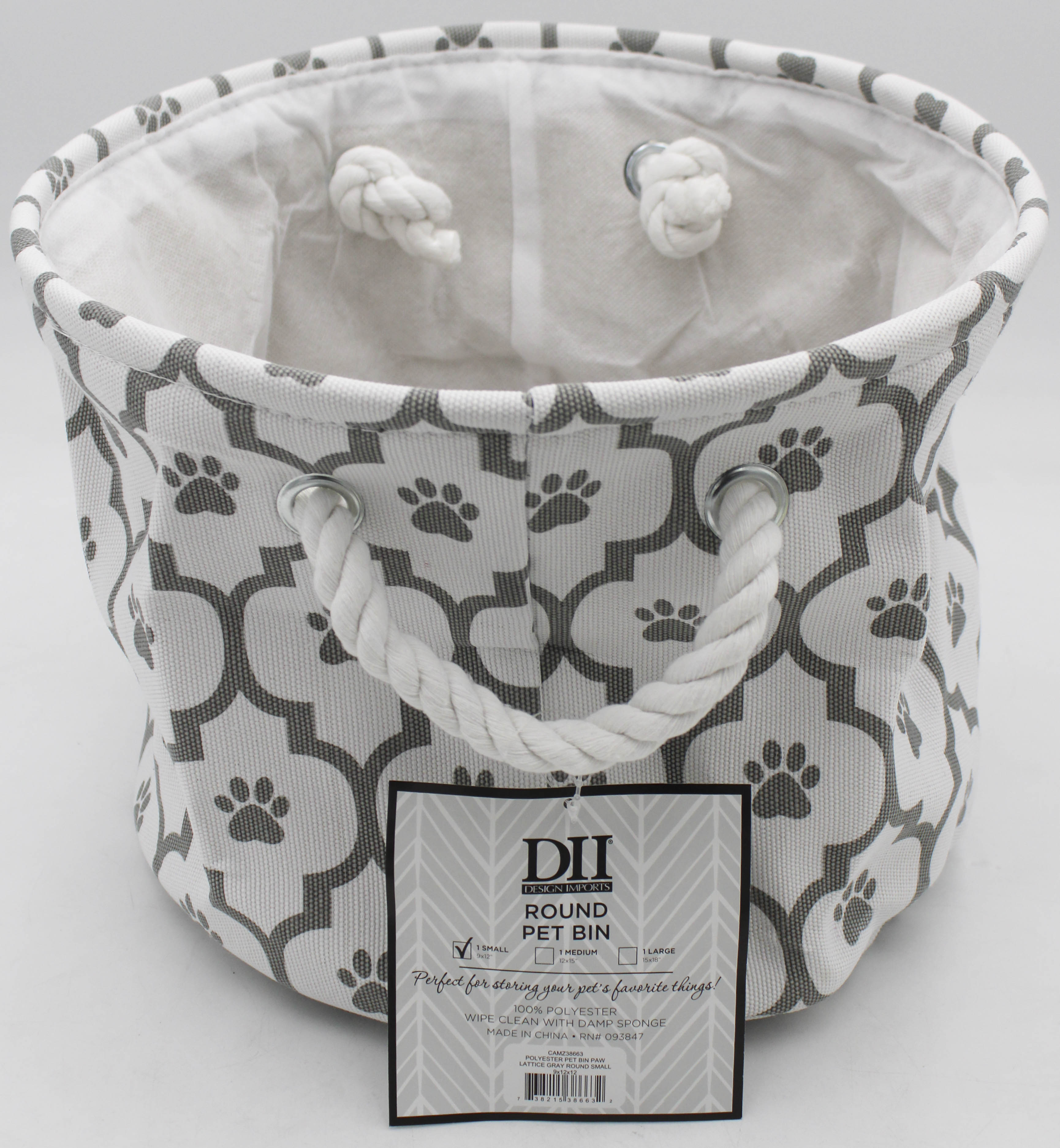 POLYESTER PET BIN PAW LATTICE GRAY ROUND SMALL 9x12x12.