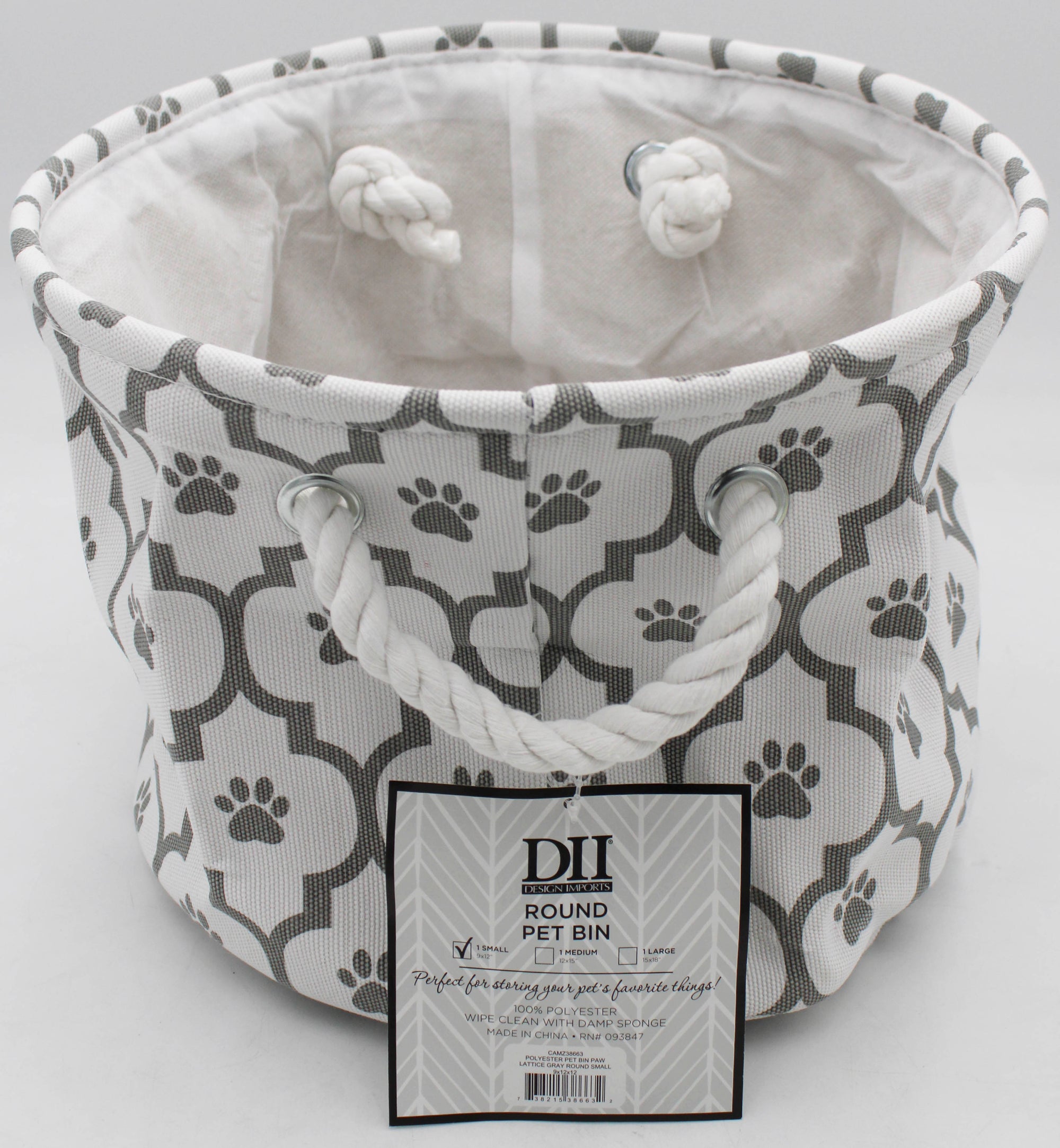 POLYESTER PET BIN PAW LATTICE GRAY ROUND SMALL 9x12x12.