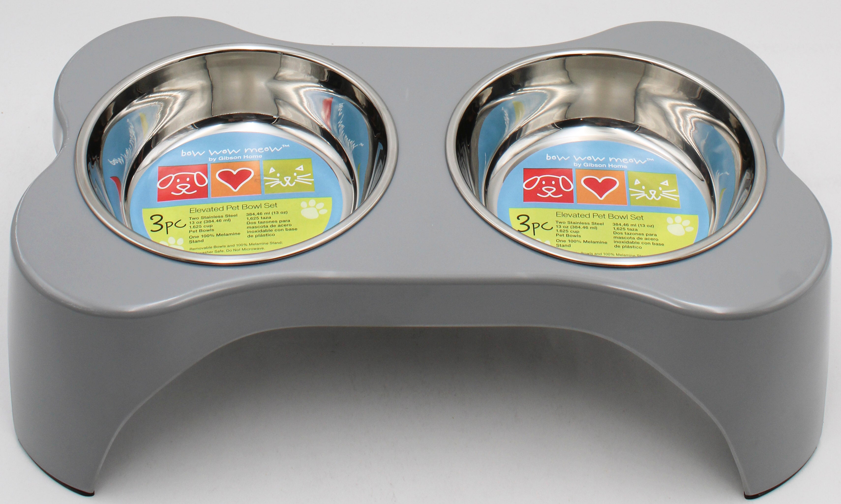 GIBSON HOME BOW WOW MEOW 3pc ELEVATED PET BOWL SET GREY NI