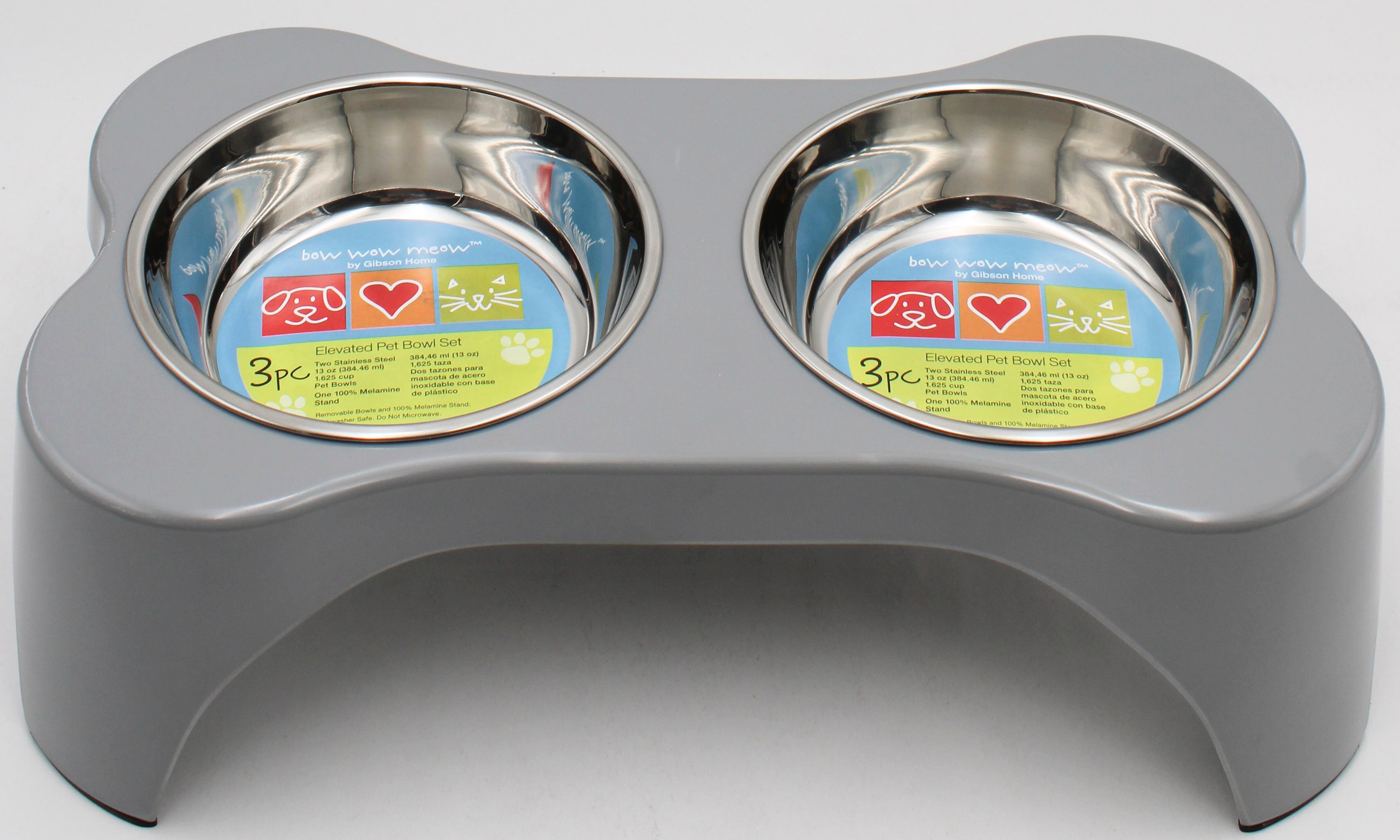 GIBSON HOME BOW WOW MEOW 3pc ELEVATED PET BOWL SET GREY NI