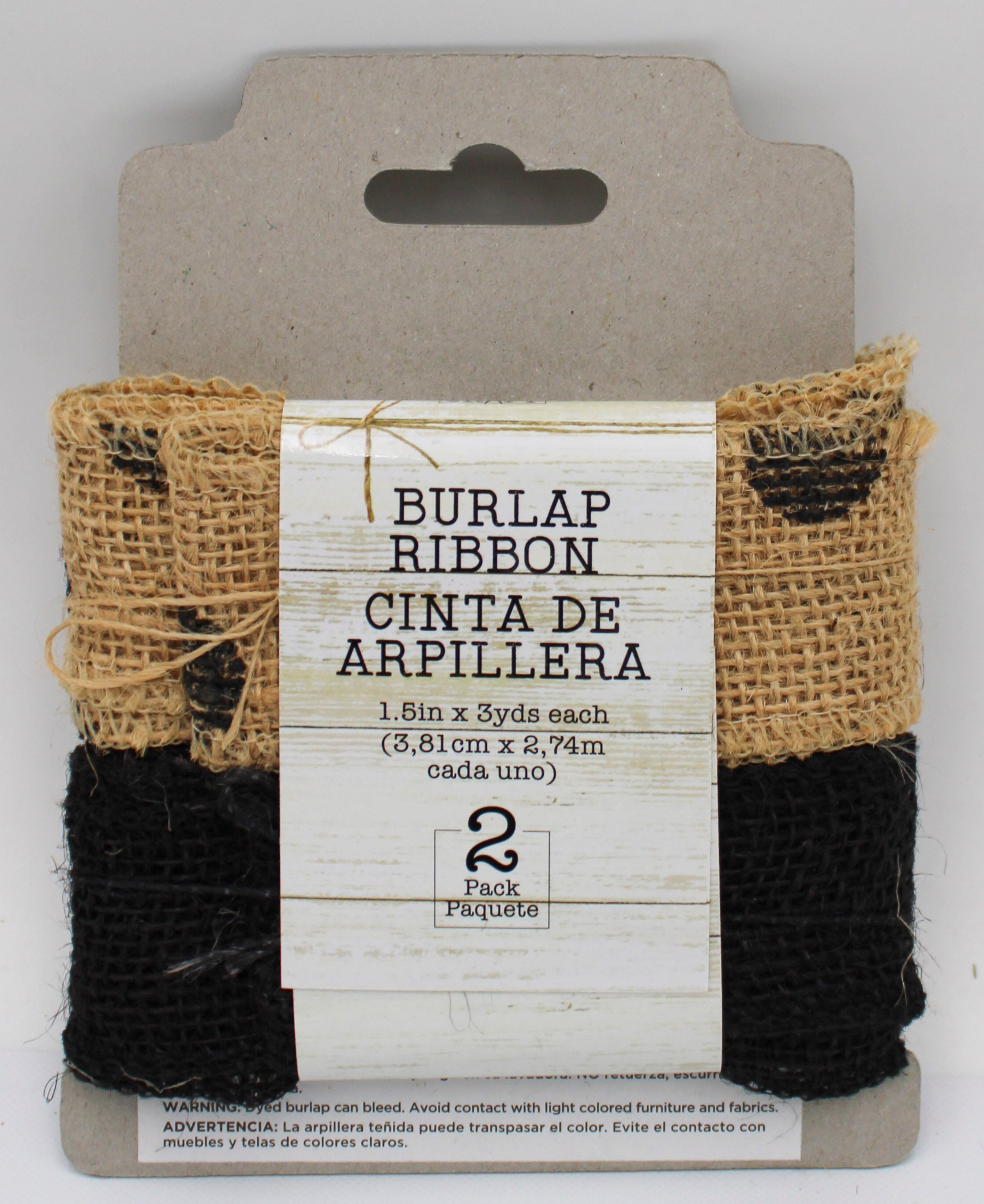 1.5 IN   X 3 YD SET-NATURAL BURLAP RIBBON WITH BLACK SCREENRPINT DOTS AND DYED BLACK RIBBON - FRAYED EDGES