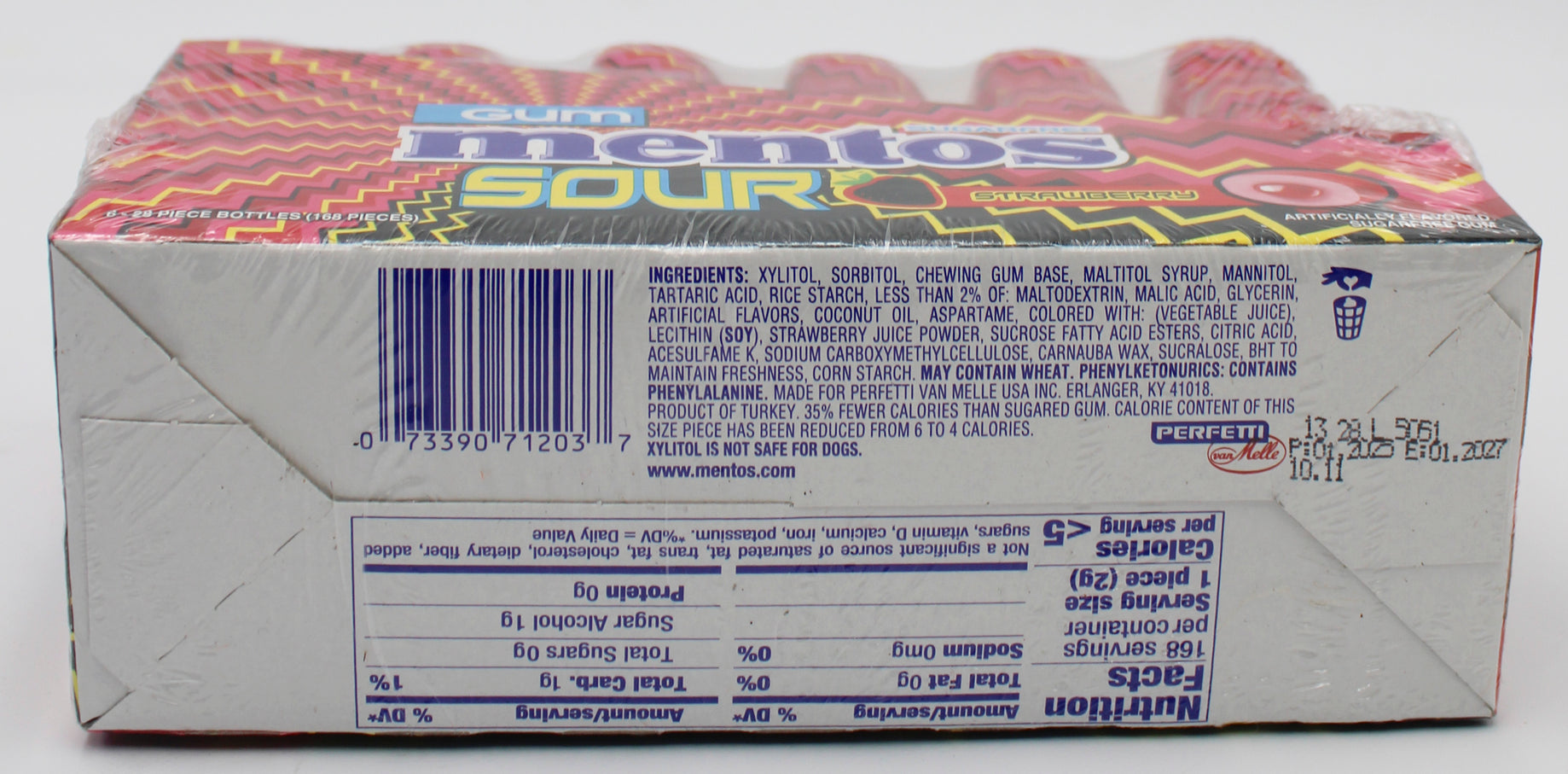 MENTOS GUM 28PC SOUR STRAWBERRY 6ct DISPLAY TRAY BB 1/1/27 NI