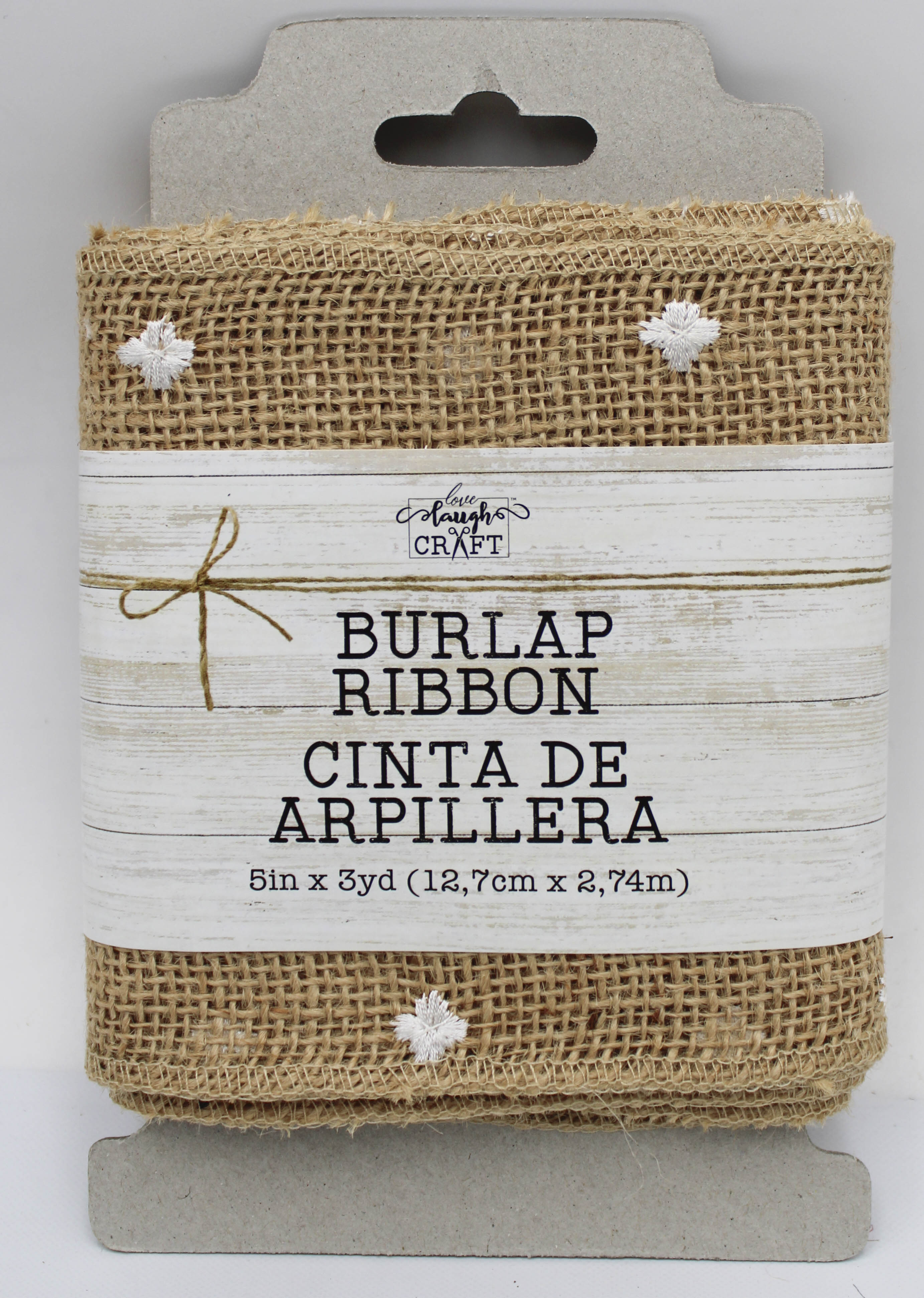 5 IN  X 3 YD   NATURAL BURLAP RIBBON - FINISHED EDGES - WHITE STITCHED SWISS DOTS