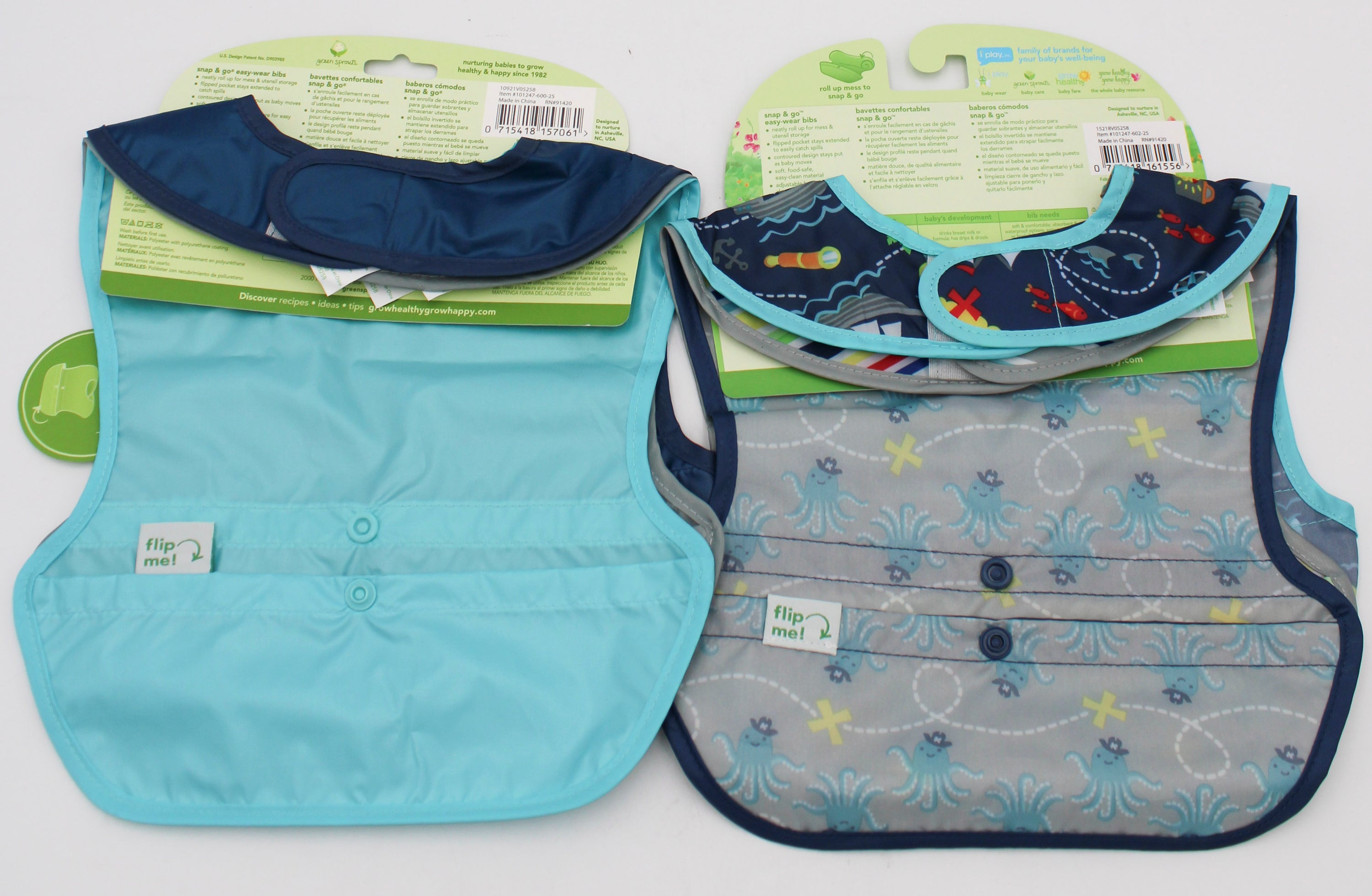 O2COOL 3PK SNAP & GO EASY-WEAR PULL-OVER BIB -BLUE SOLID & AQUA PIRATE - 9MO-18MO NI