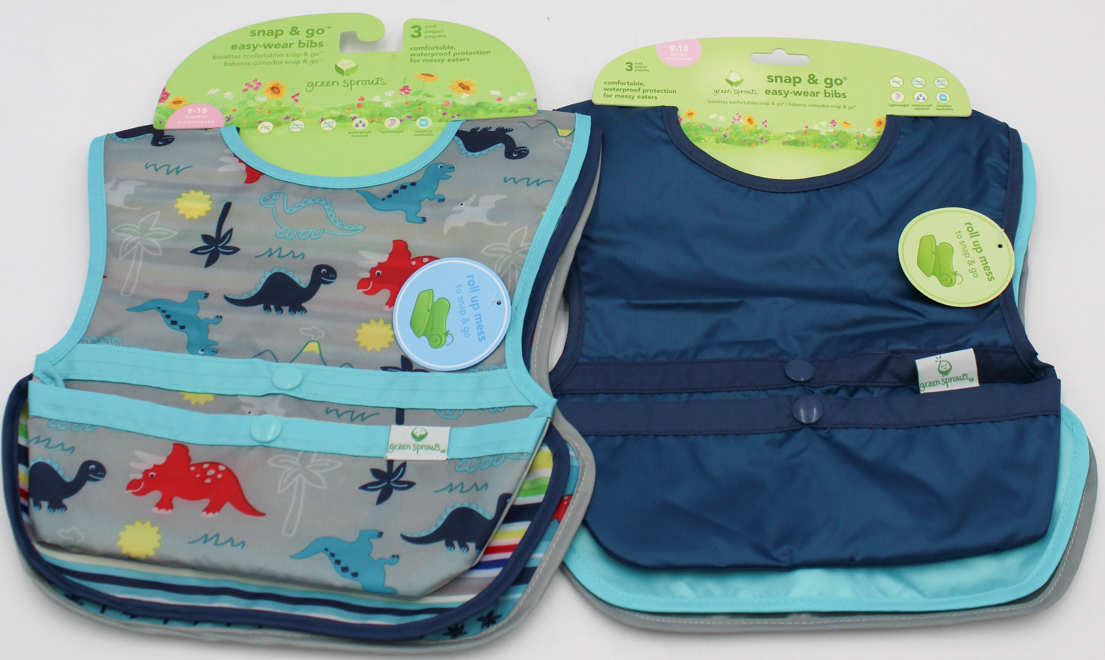 O2COOL 3PK SNAP & GO EASY-WEAR PULL-OVER BIB -BLUE SOLID & AQUA DINOS - 9MO-18MO NI