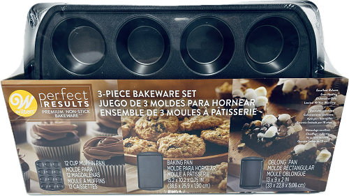 PERFECT RESULTS 3PC BAKEWARE SET 12CUP MUFFIN PAN, BAKING PAN 15.2X10.2X0.75"&13x9X2" OBLONG PAN