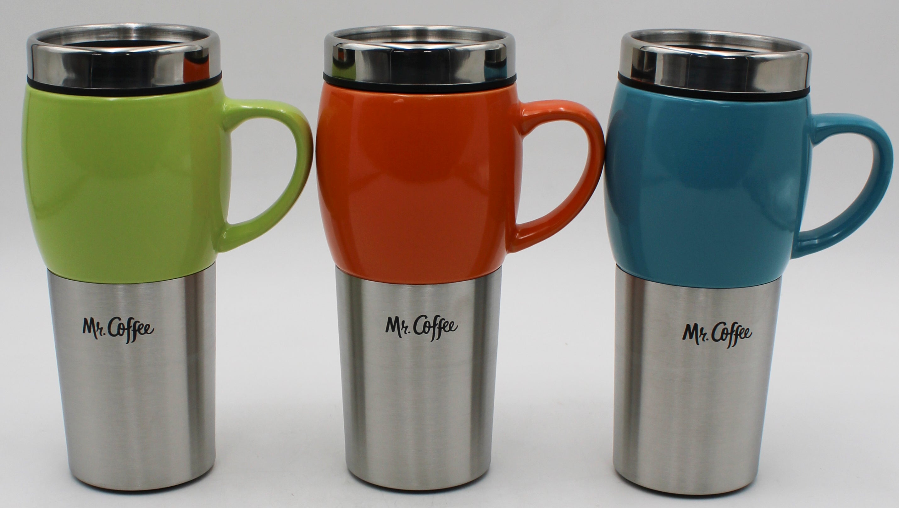 16OZ MR COFFEE SS TRAVEL MUG W/ LID - 3 ASST COLORS IN PDQ NI