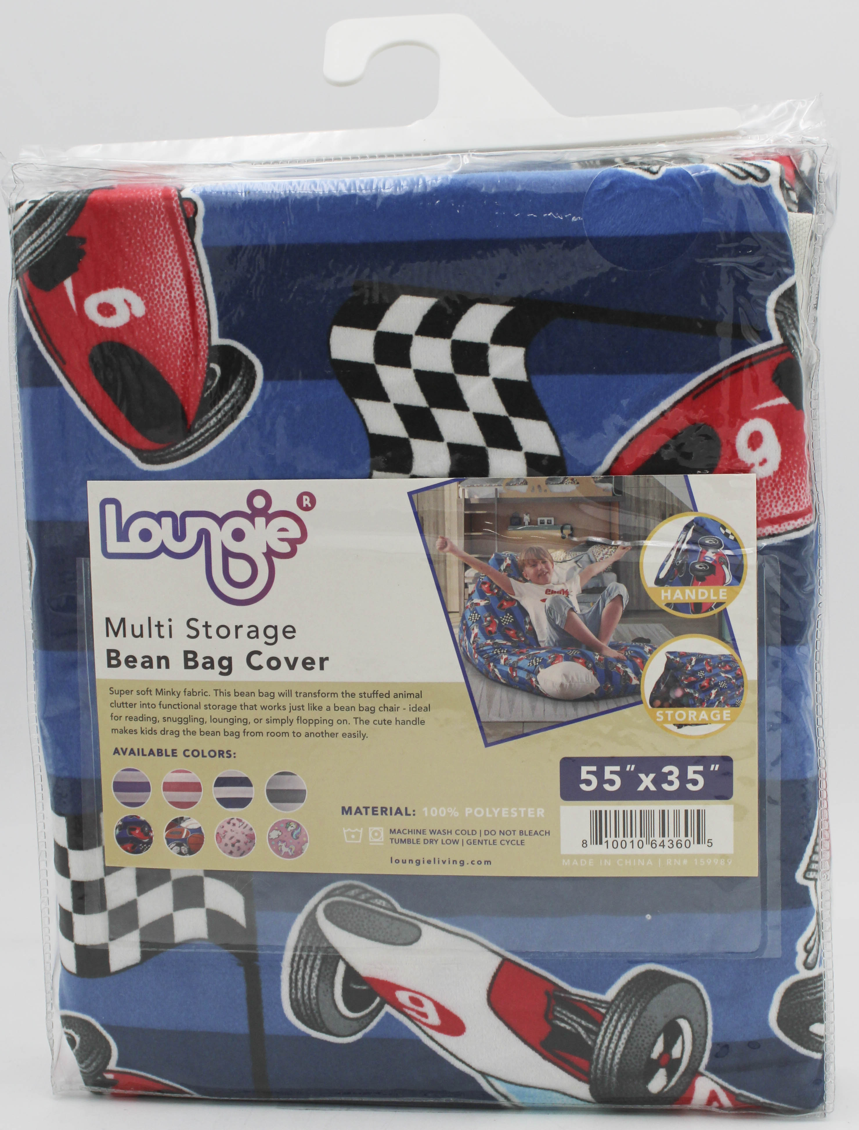 Loungie Stuffed Animal Storage Bean Bag Cover, 55" Extra Large Bean Bag Chair, Racecar Blue