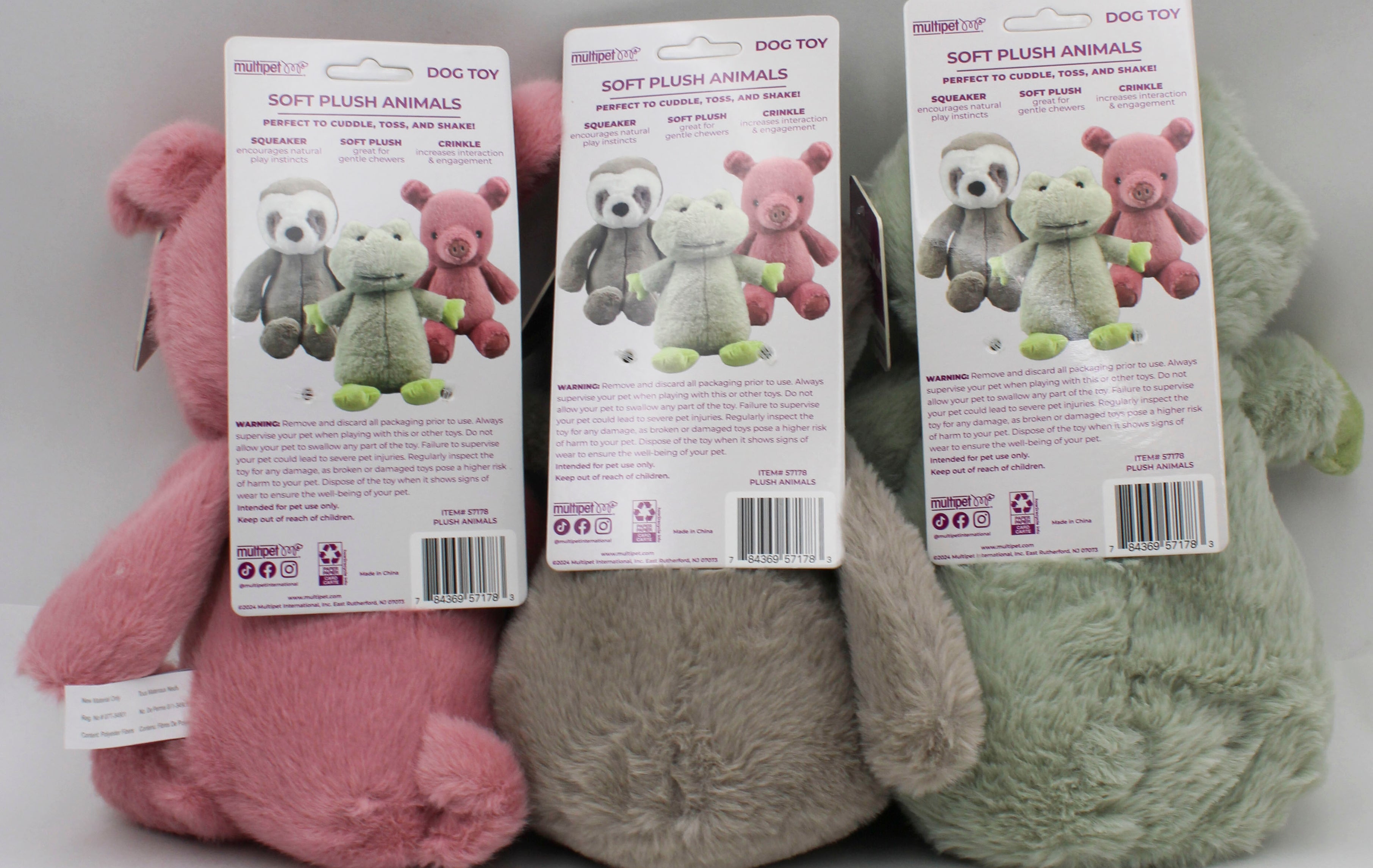 MULTIPET SLOTH FROG & PIG DOG TOY - 12"