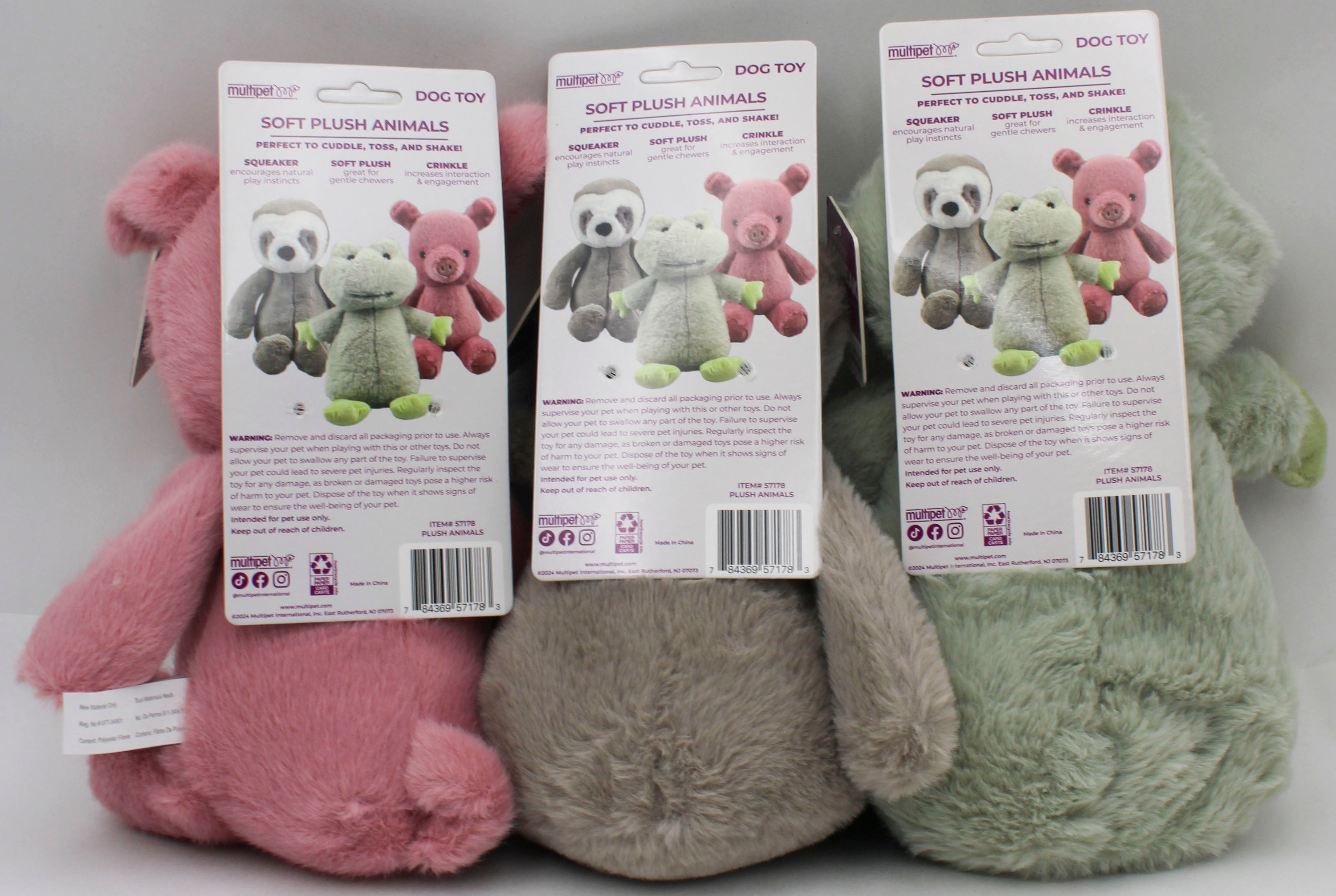 MULTIPET SLOTH FROG & PIG DOG TOY - 12"