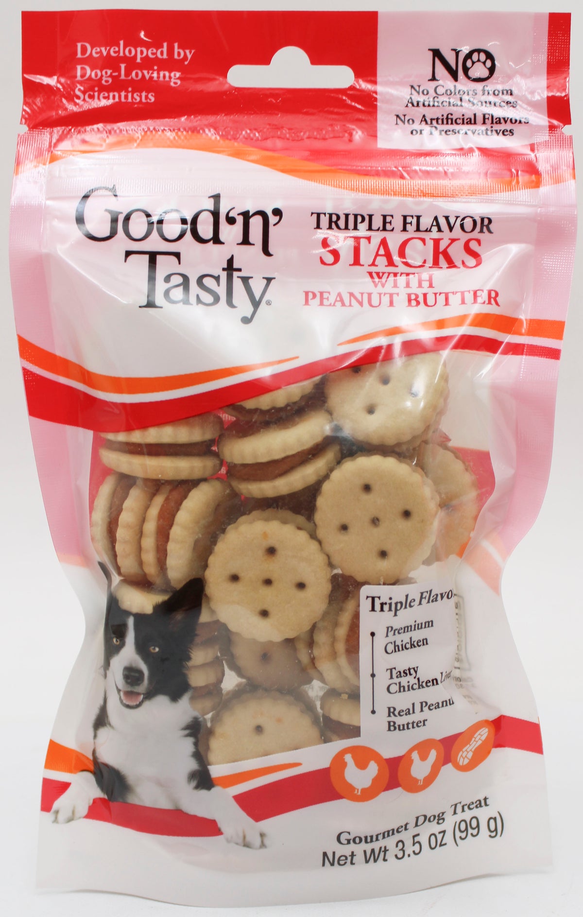 GOOD N TASTY TRIPLE FLAVOR STACKS DOG TREATS CHICKEN & PEANUT BUTTER 3.5 oz. BB 7/14/2027 NI