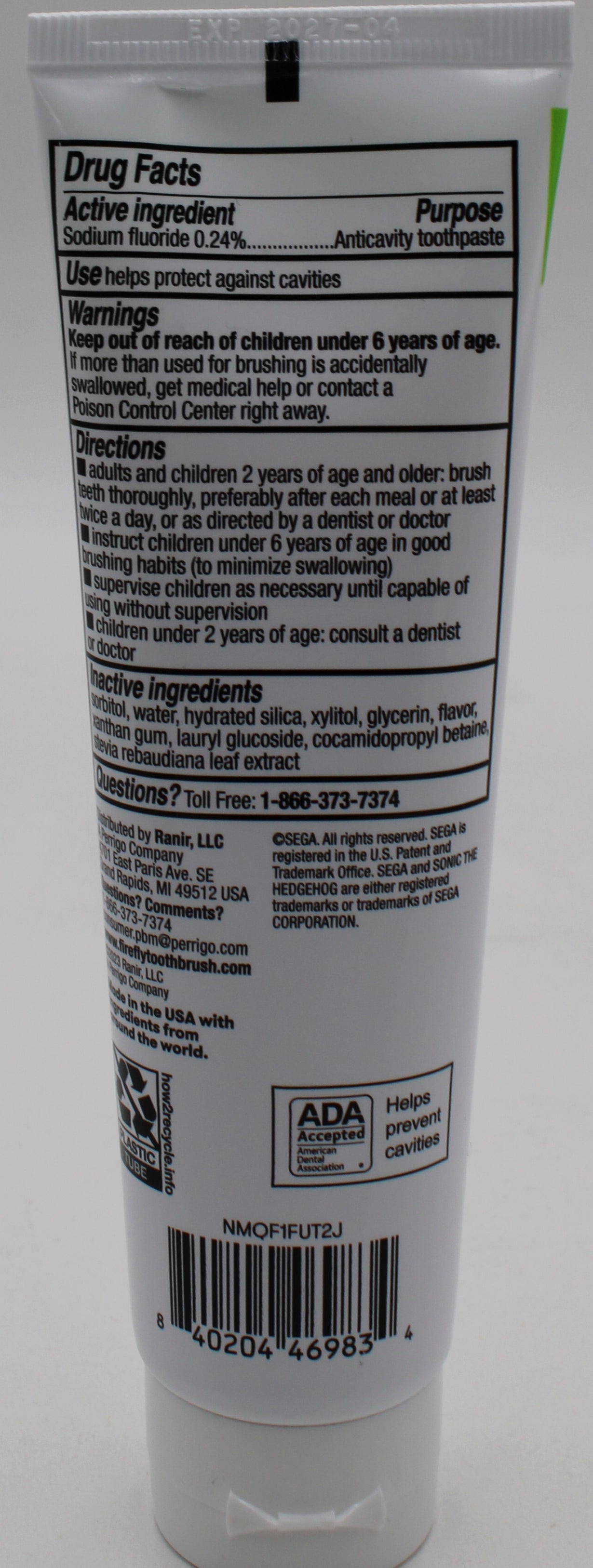 FIREFLY KIDS ANTI-CAVITY FLUORIDE BUBBLEGUM TOOTHPASTE 4.2oz  - SONIC THE HEDGEHOG EXP 4/30/2027 NI