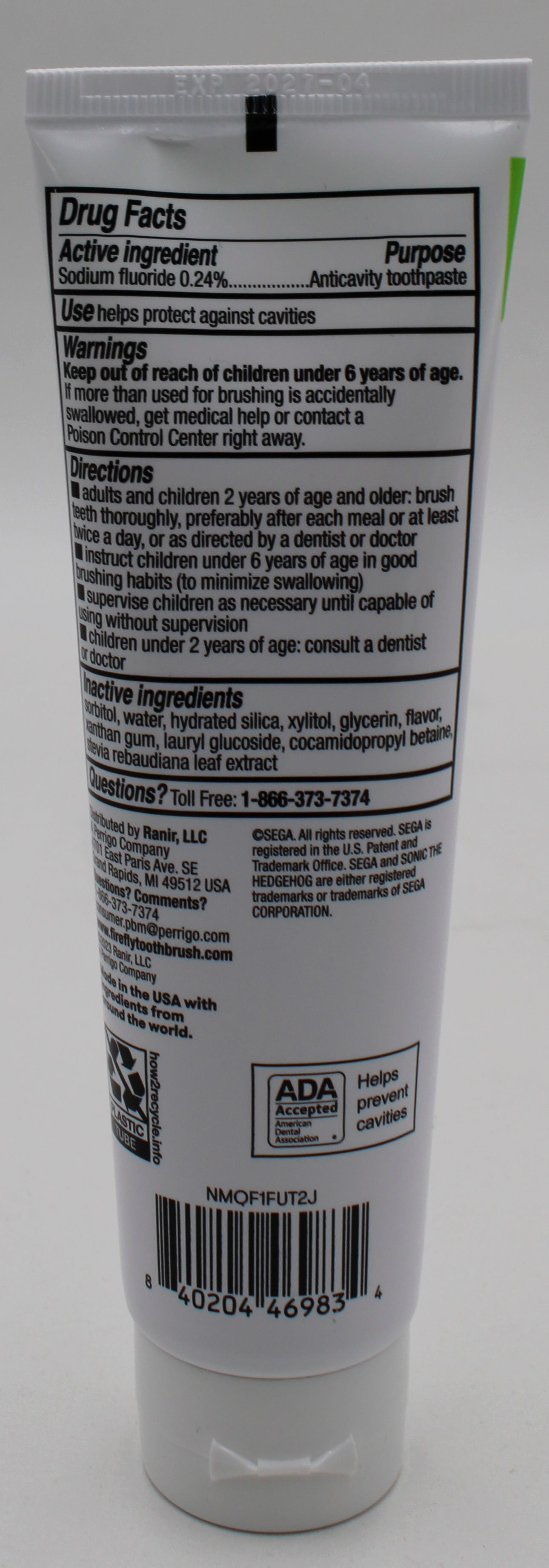 FIREFLY KIDS ANTI-CAVITY FLUORIDE BUBBLEGUM TOOTHPASTE 4.2oz  - SONIC THE HEDGEHOG EXP 4/30/2027 NI