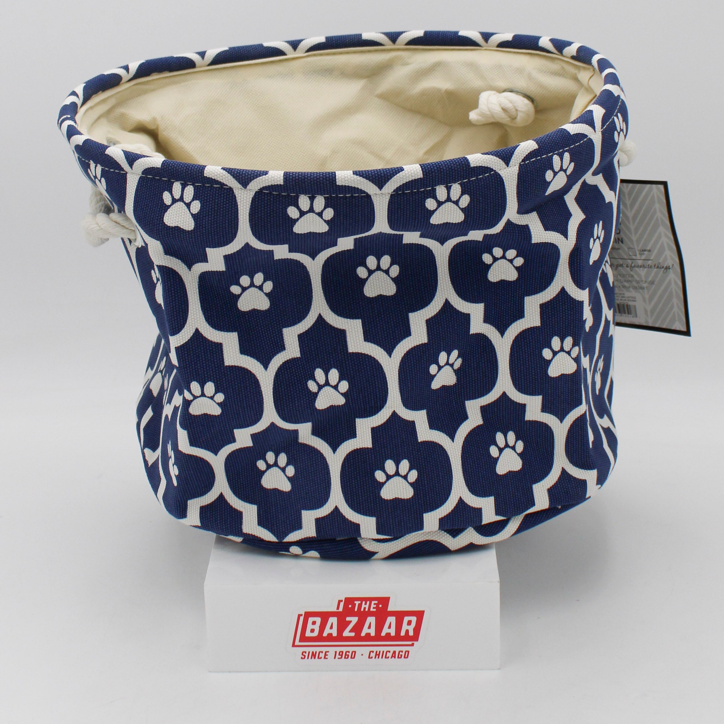 POLYESTER PET BIN LATTICE PAW NAUTICAL BLUE ROUND SMALL 9x12x12