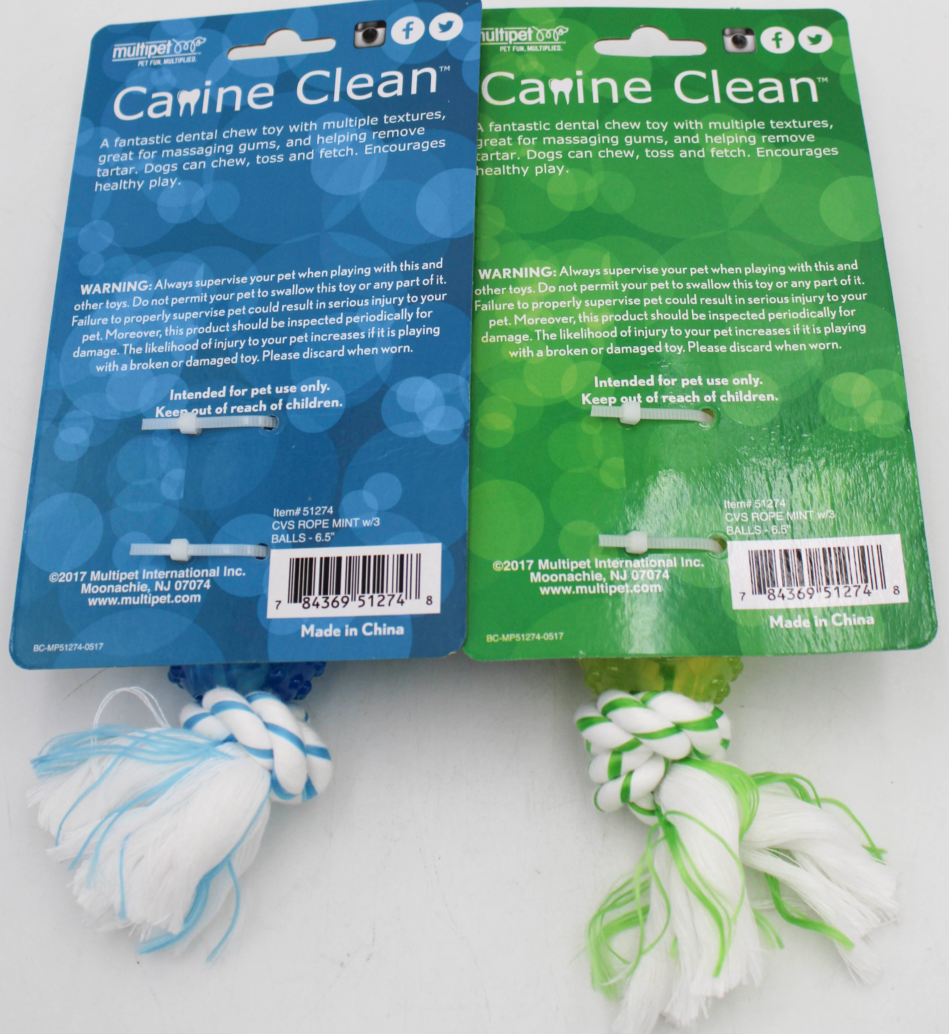 MULTIPET CVS ROPE MINT W/3 BALLS DOG CHEW  - 6.5"
