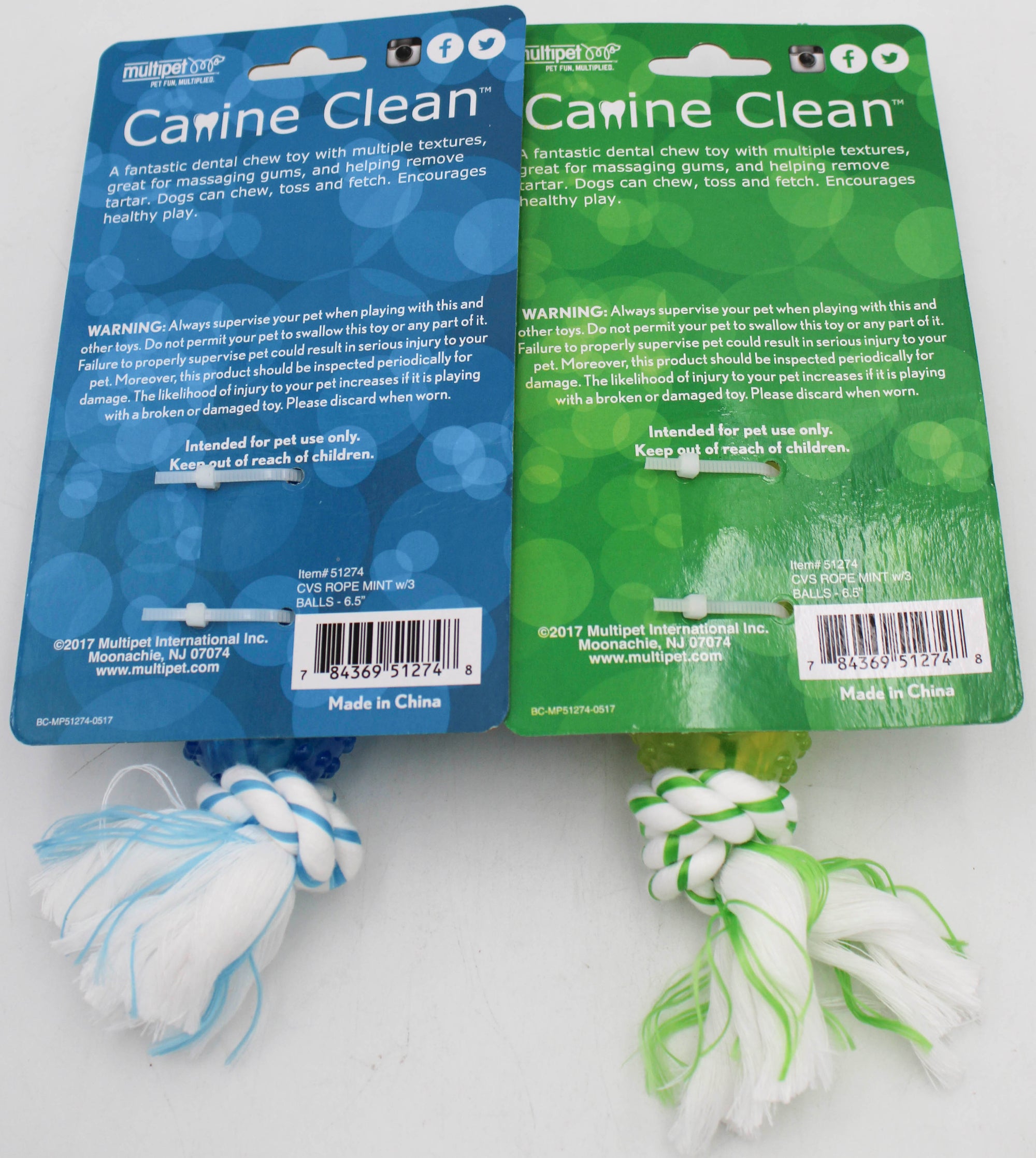 MULTIPET CVS ROPE MINT W/3 BALLS DOG CHEW  - 6.5"