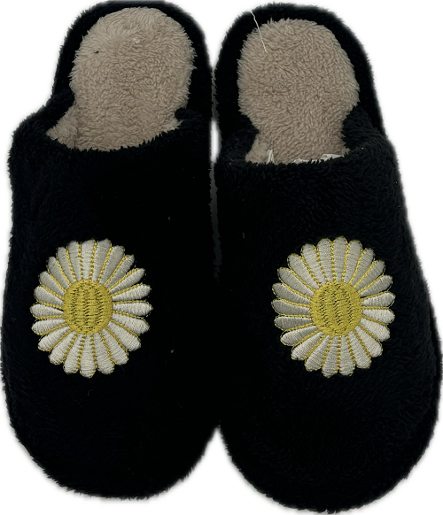 DAISY SLIPPER PLUSH UPPER WITH NON-SLIP RUBBER SOLES  1PAIR  MEDIUM (7-8)  BLACK