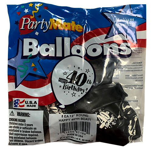ROUND BALLON 12"/8CT-40TH BDAY/BLK.