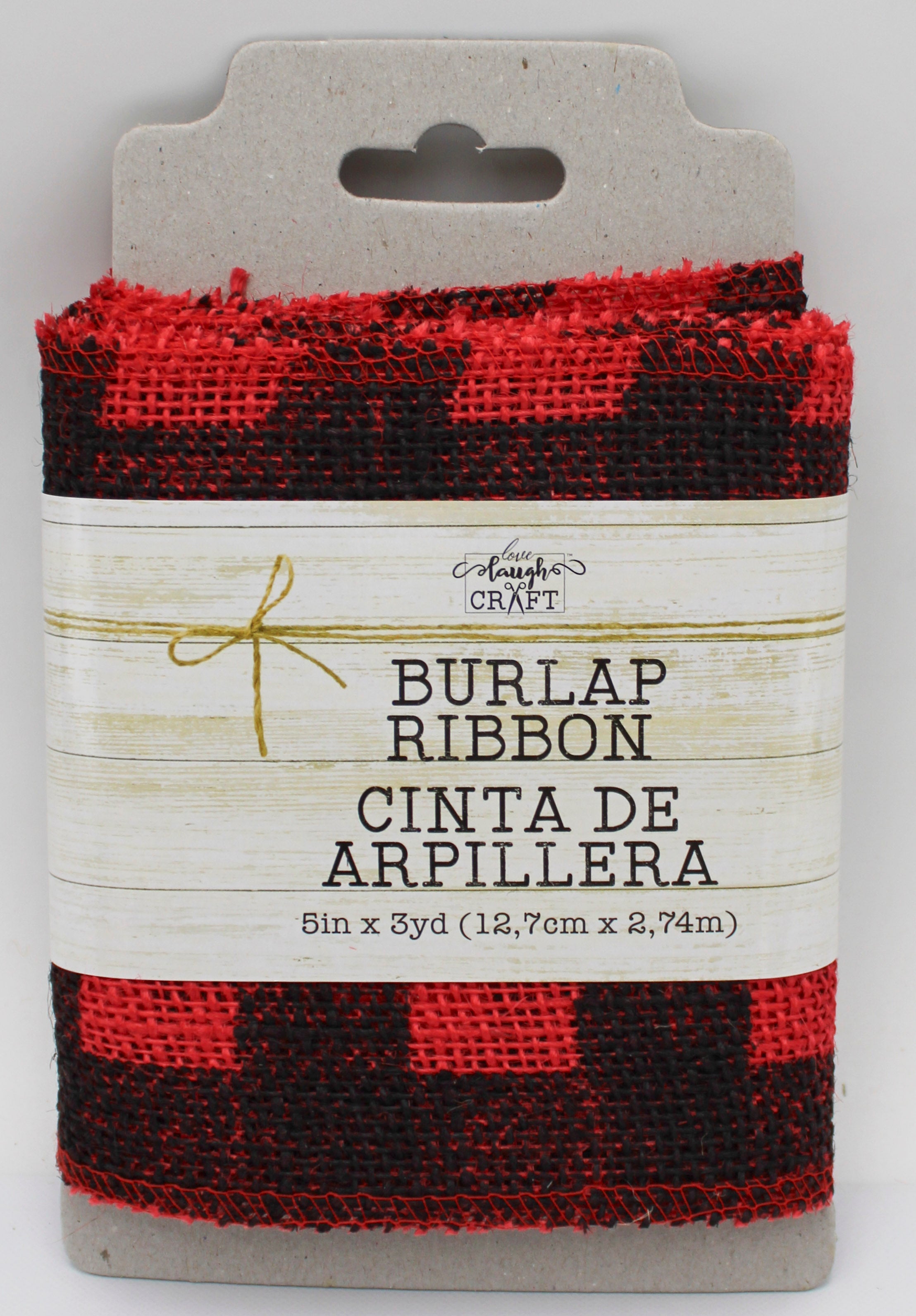 5 IN   X 3 YD   RED BURLAP RIBBON - FRAYED EDGES - BLACK SCREENPRINT BUFFALO CHECK