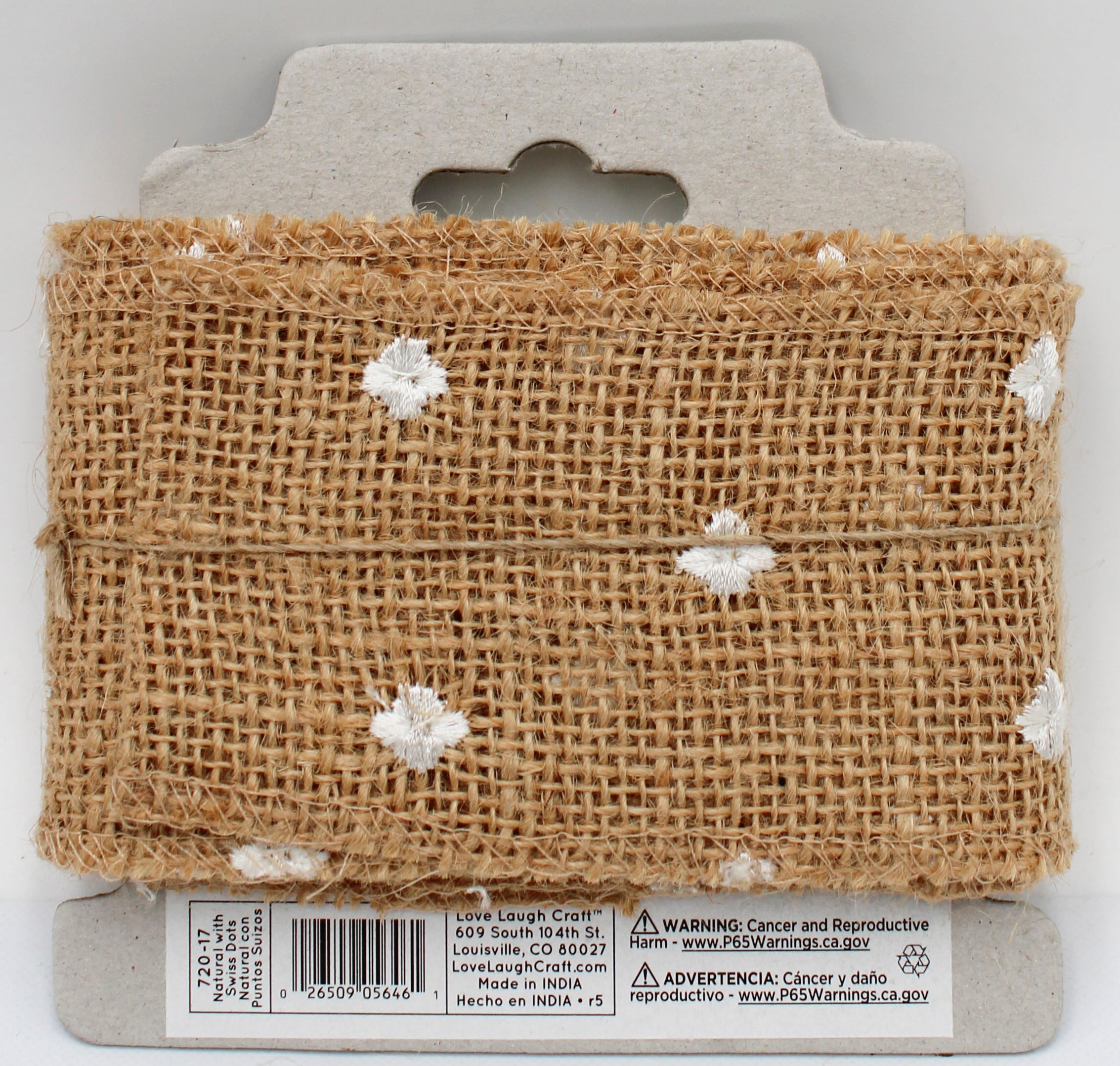 2.5 IN   X 3 YD   NATURAL BURLAP RIBBON - FINISHED EDGES - WHITE STITCHED SWISS DOTS