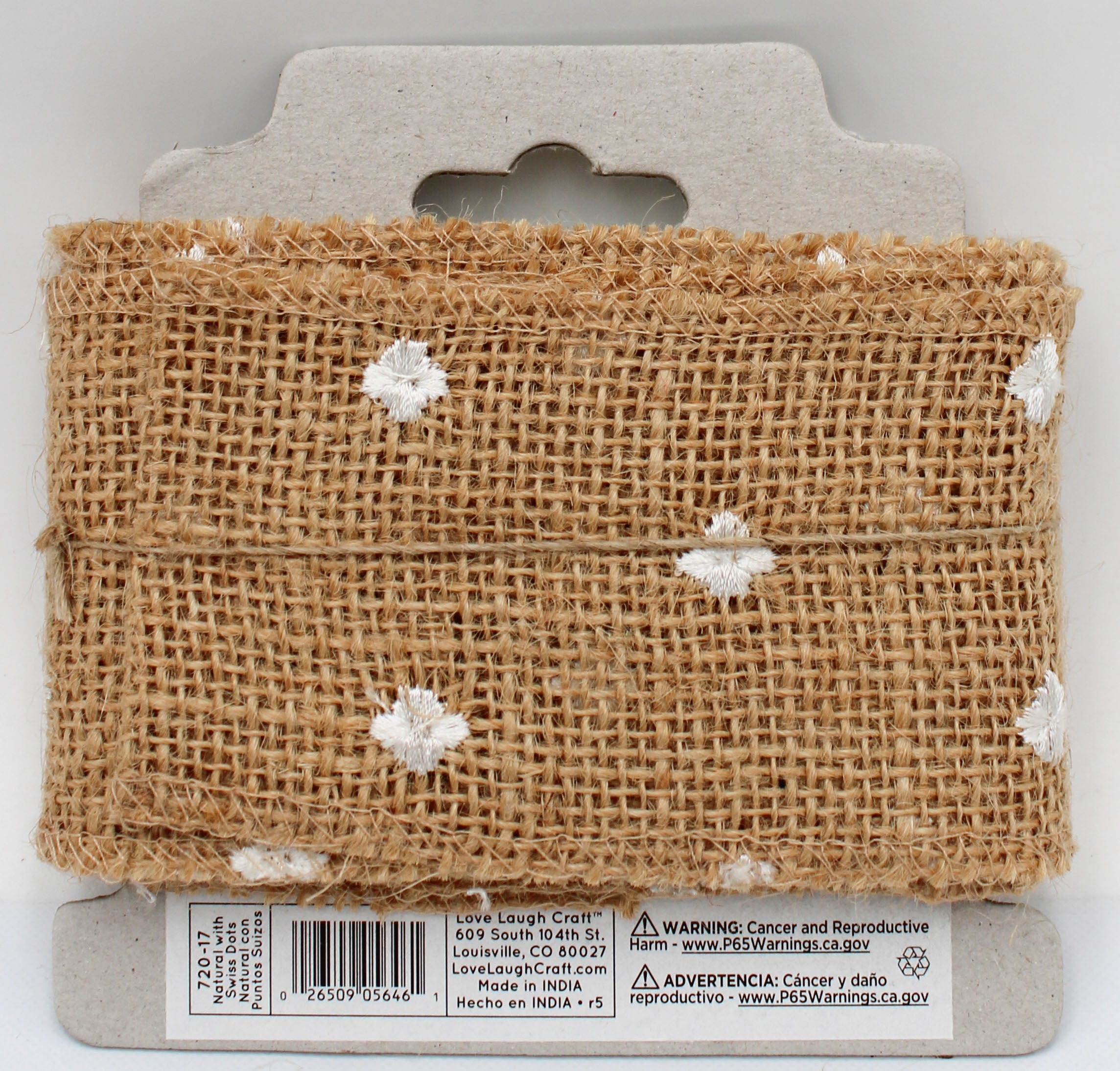 2.5 IN   X 3 YD   NATURAL BURLAP RIBBON - FINISHED EDGES - WHITE STITCHED SWISS DOTS