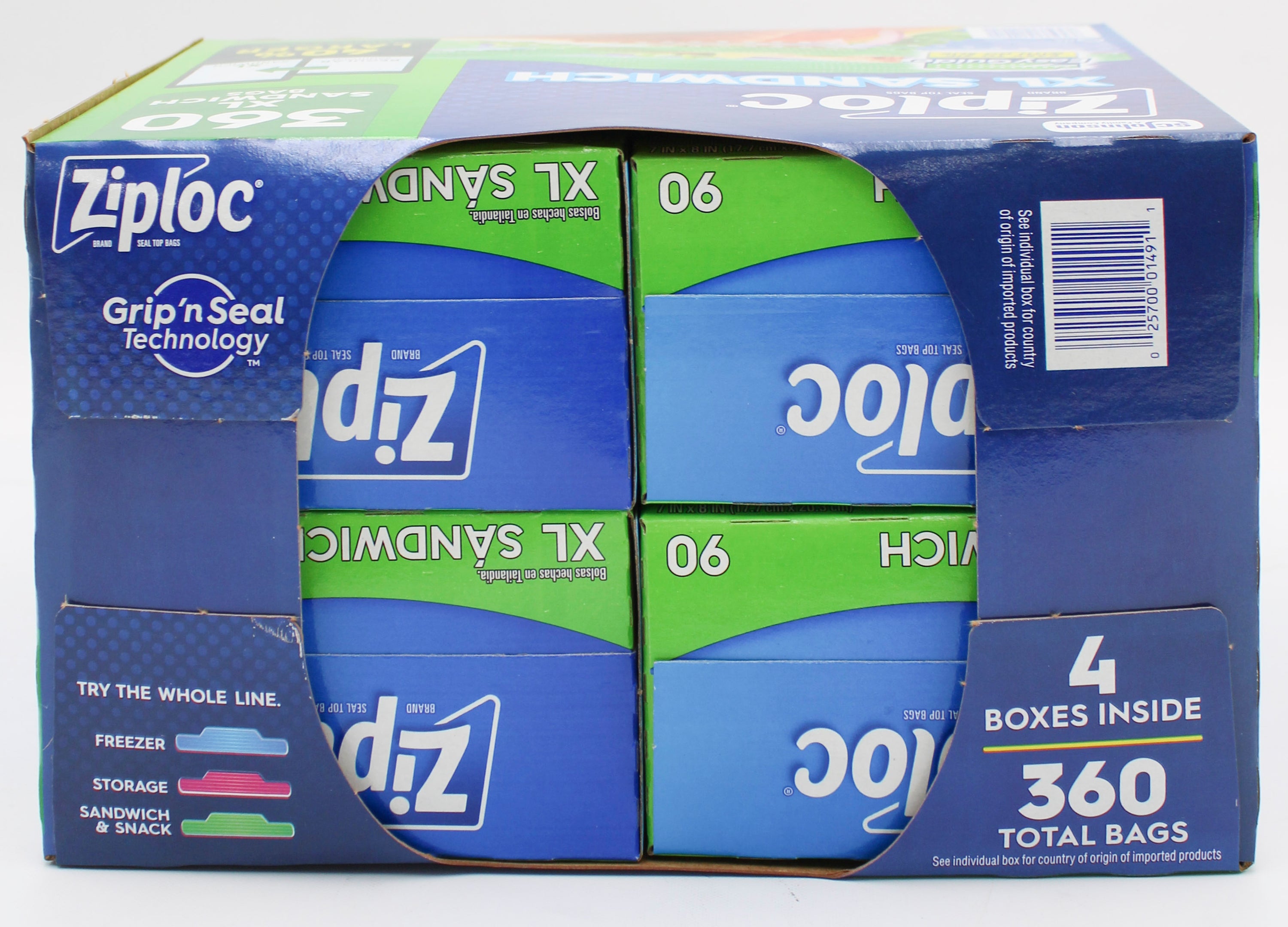 ZIPLOC 90ct SANDWICH XL BAGS 4 PACK TOTAL 360 BAGS  7"x 8"