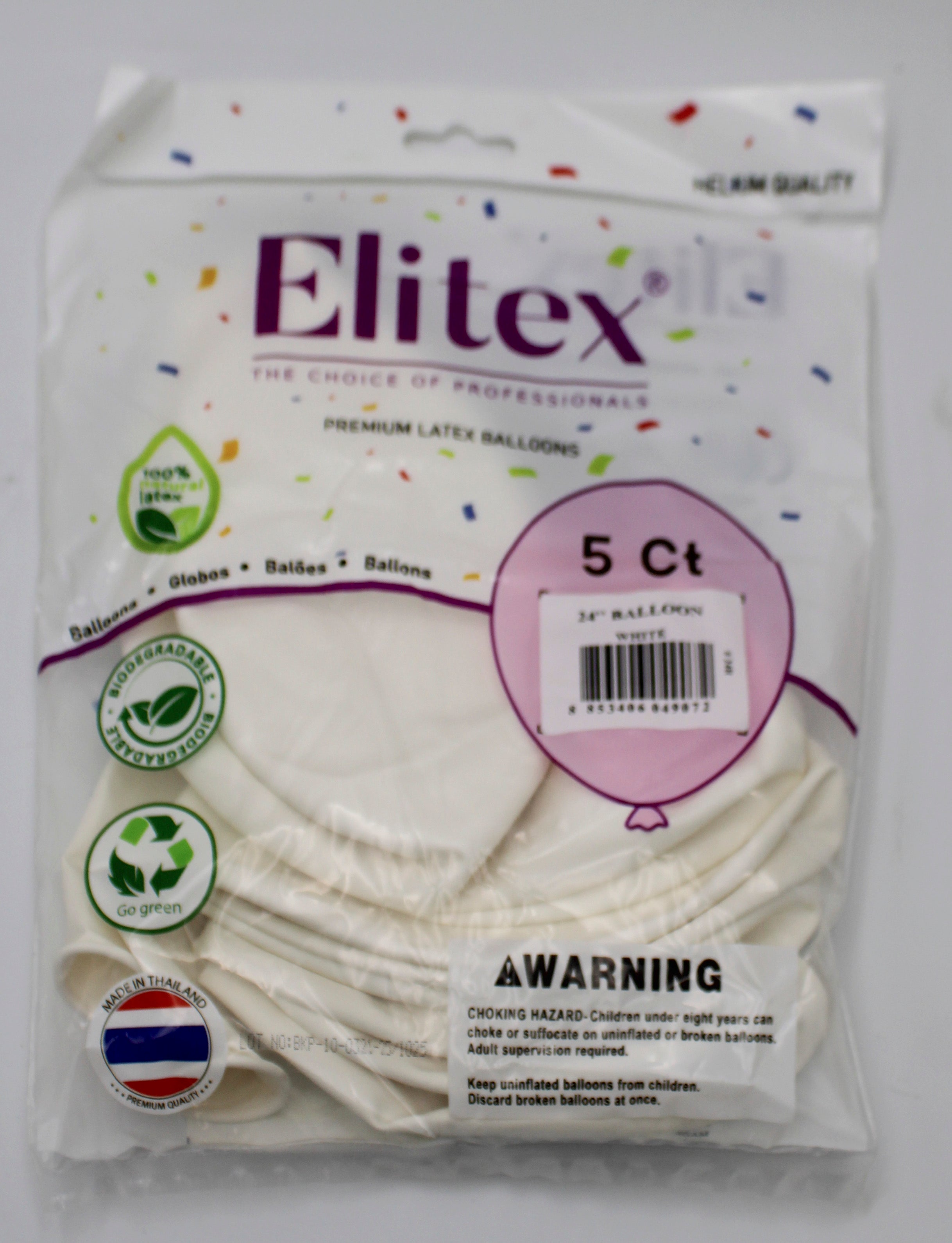 ELITEX 24" WHITE ROUND BALLOON, 5 PACK