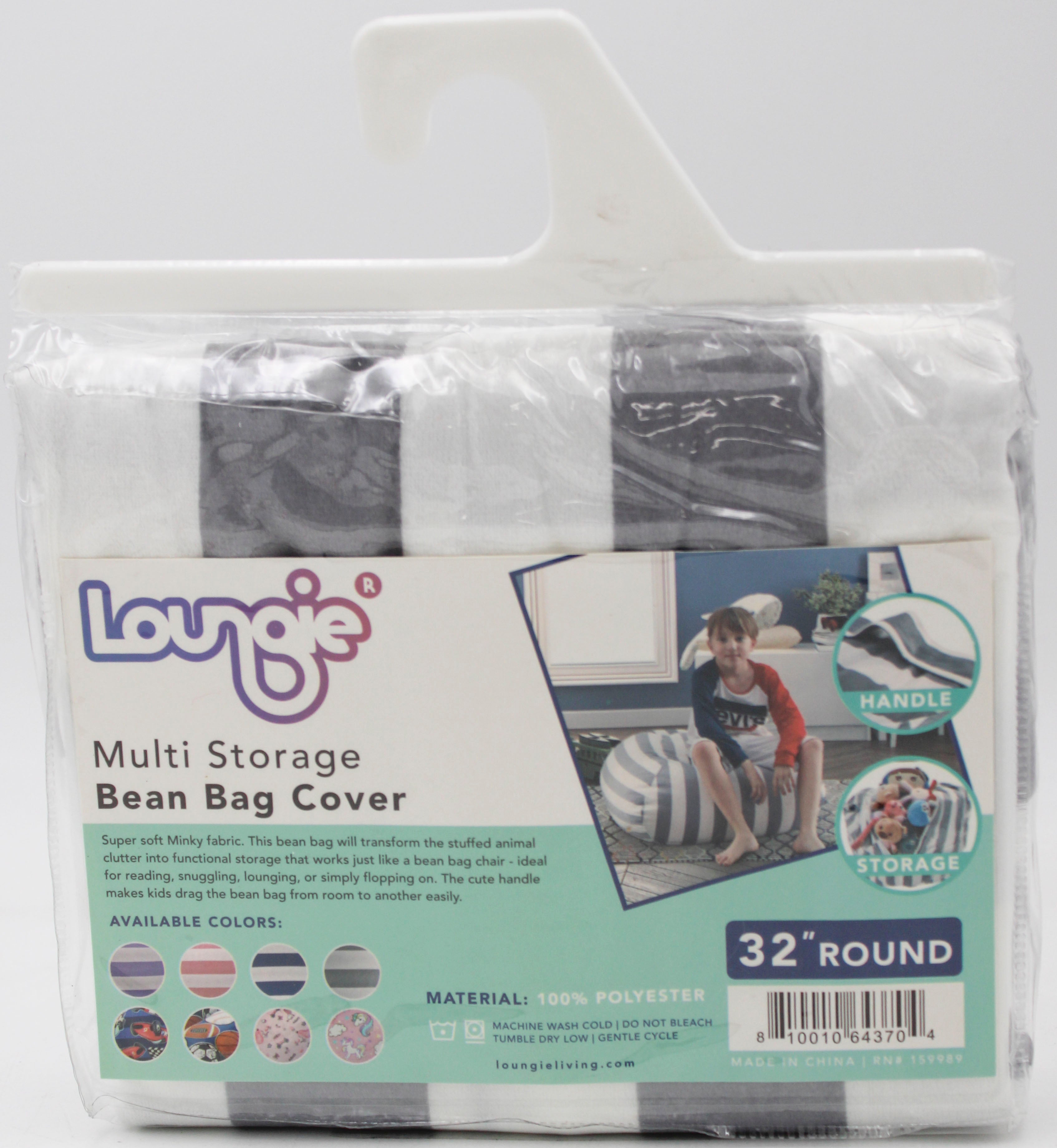 Loungie Bean Bag Chair Cover - Stuffed Animal Storage Bean Bag Cover 32" Round, Striped Grey and White