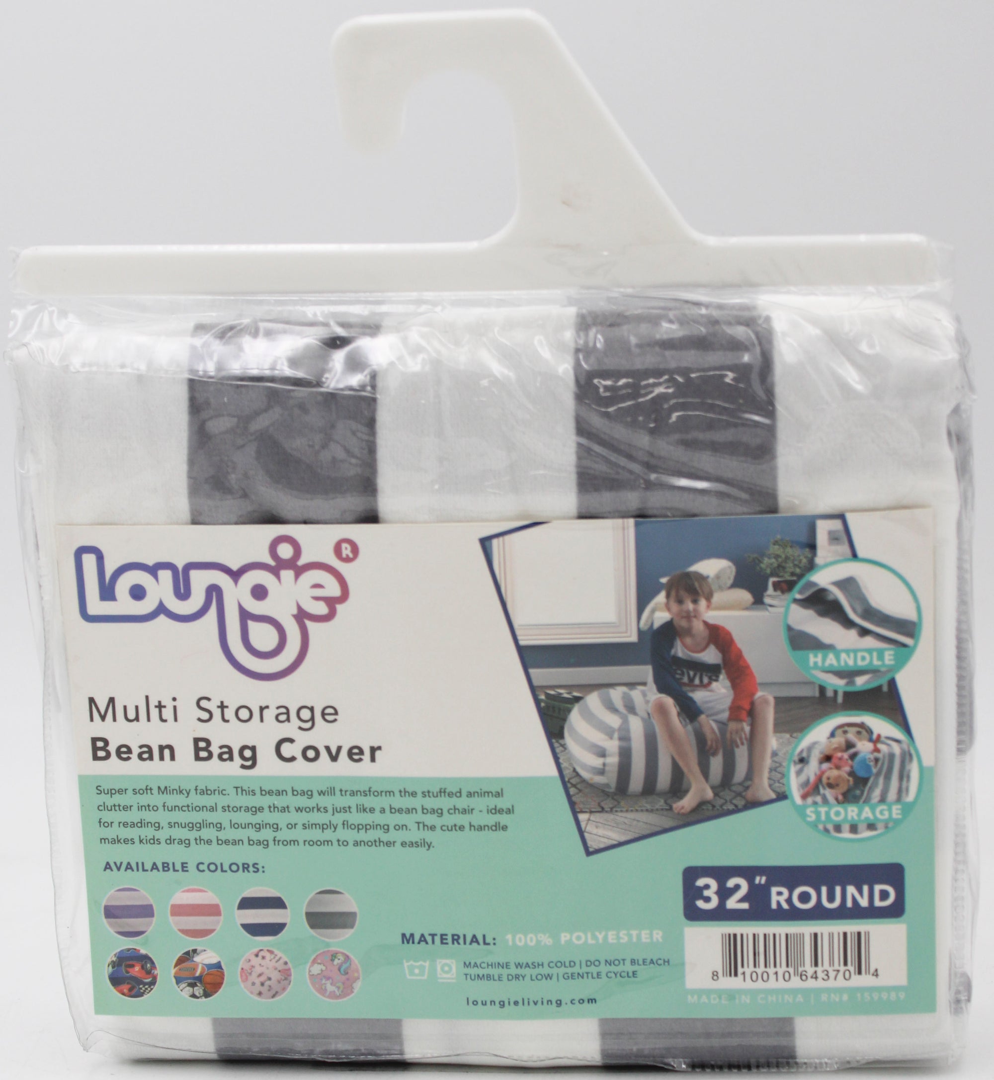 Loungie Bean Bag Chair Cover - Stuffed Animal Storage Bean Bag Cover 32" Round, Striped Grey and White