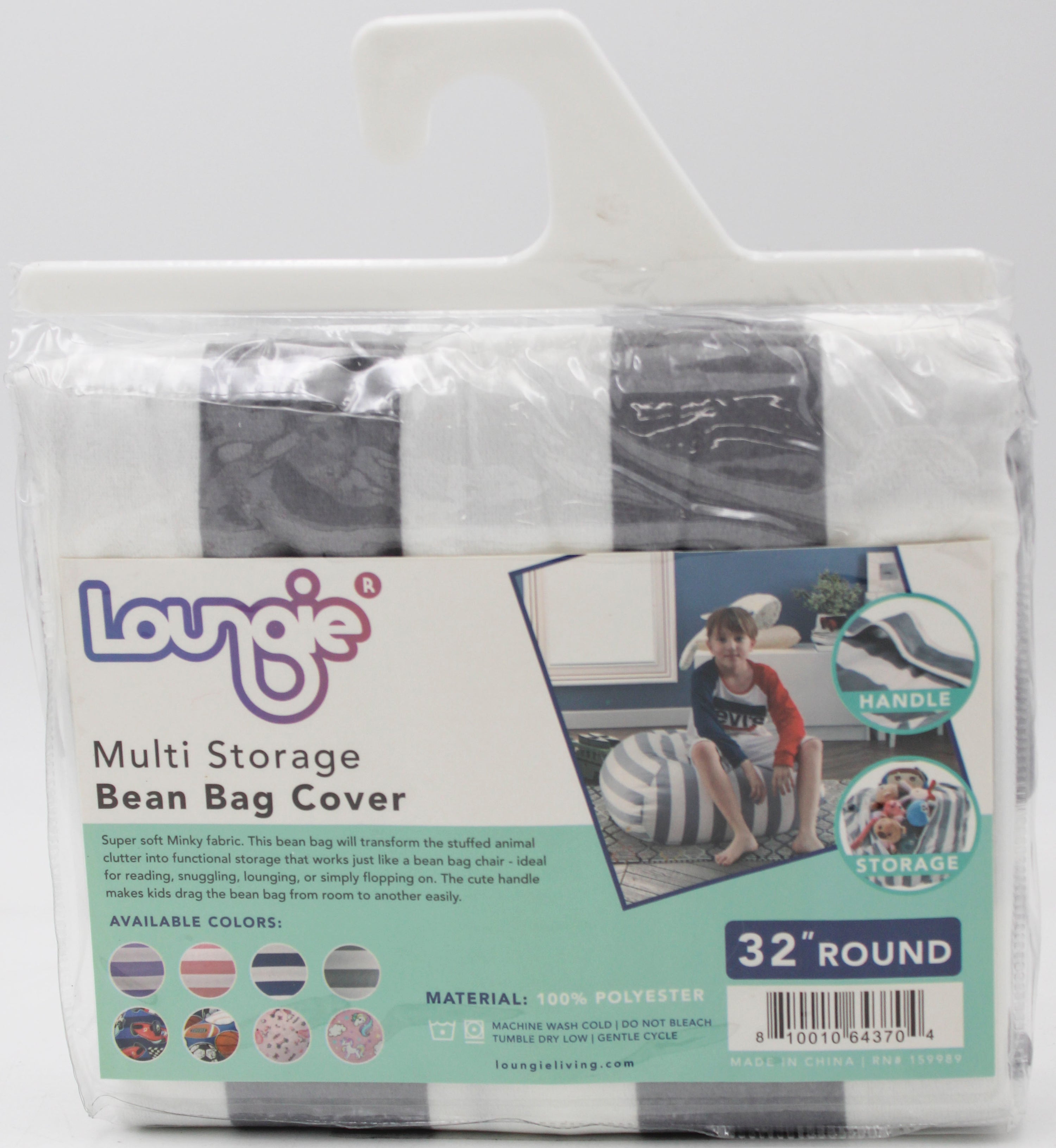 Loungie Bean Bag Chair Cover - Stuffed Animal Storage Bean Bag Cover 32" Round, Striped Grey and White