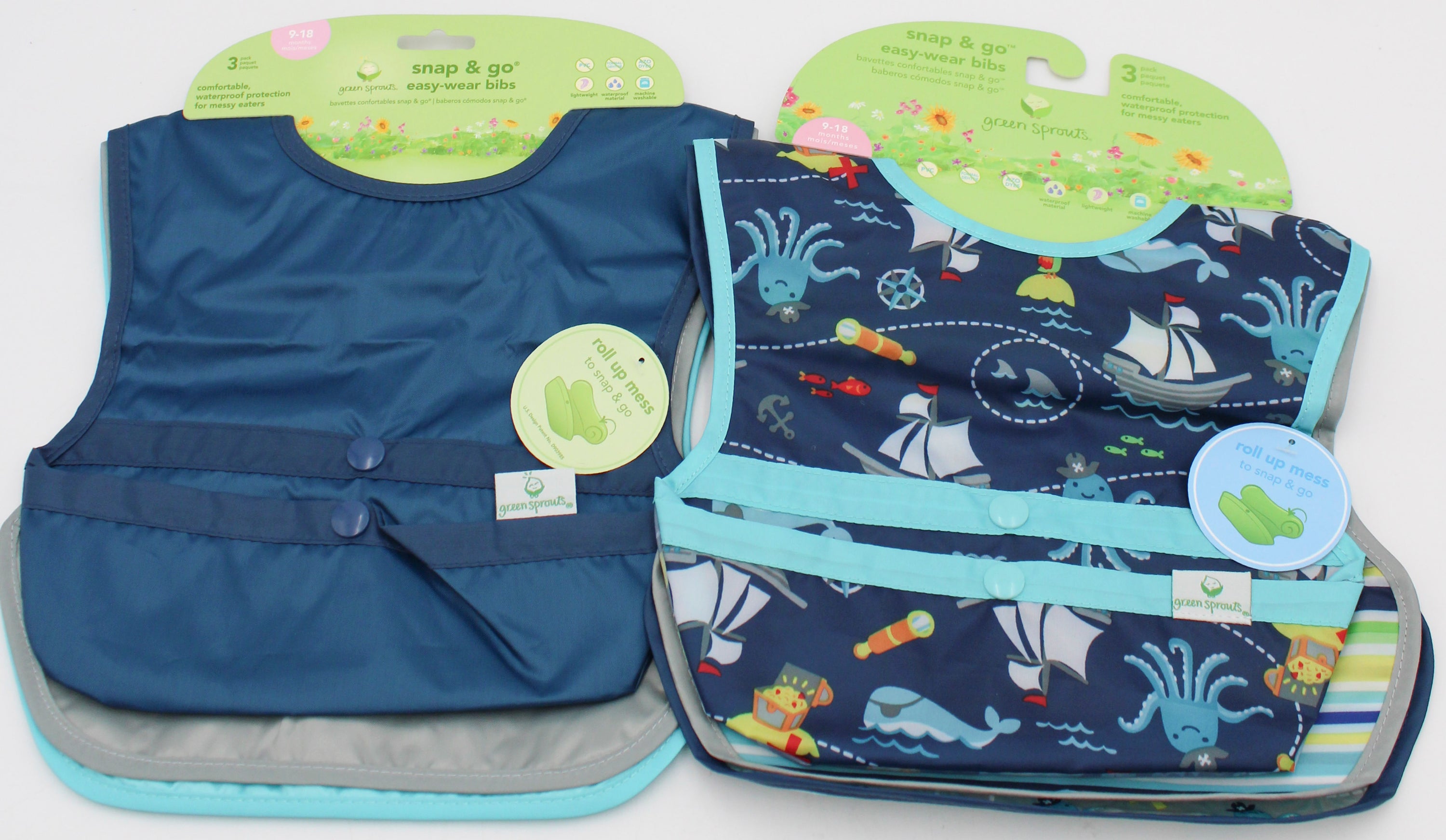 O2COOL 3PK SNAP & GO EASY-WEAR PULL-OVER BIB -BLUE SOLID & AQUA PIRATE - 9MO-18MO NI