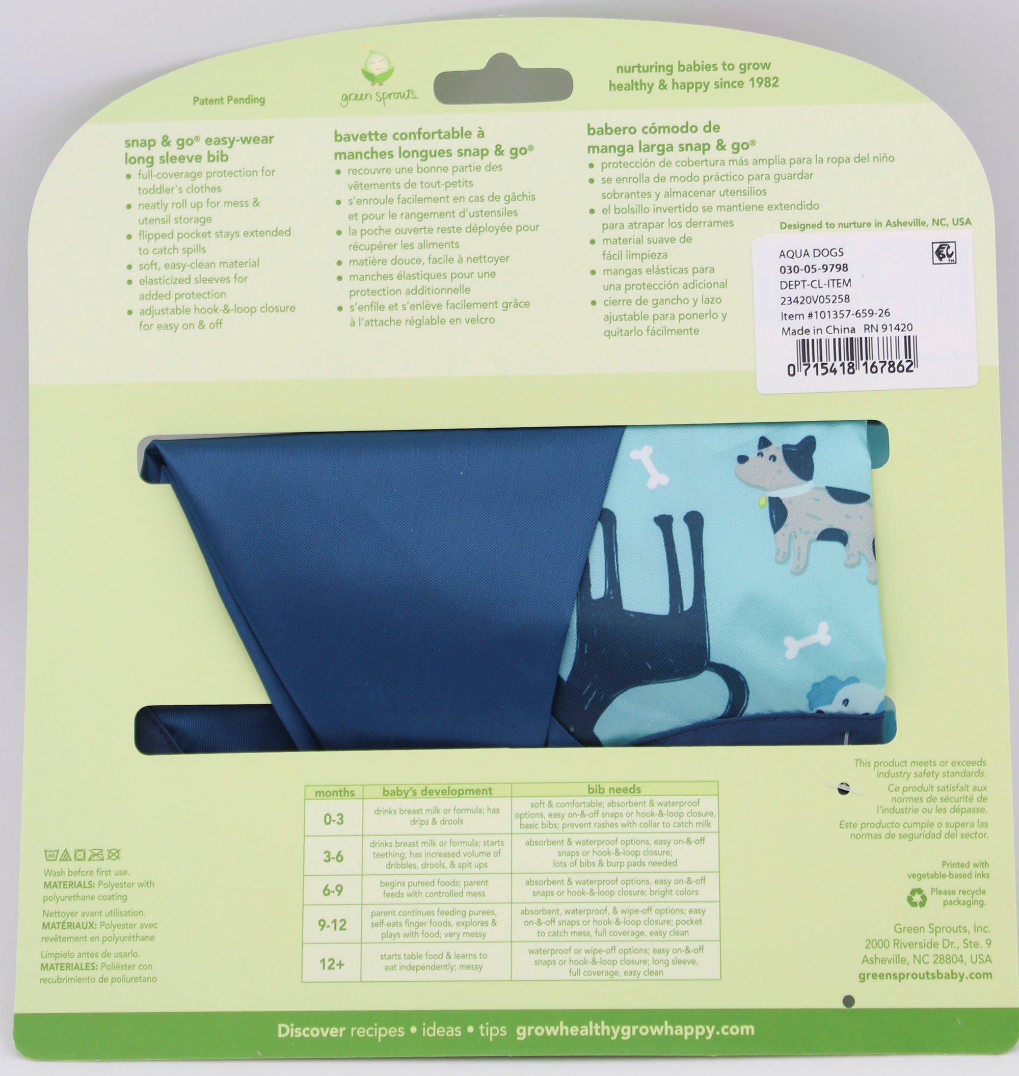 O2COOL SNAP & GO EASY-WEAR LONG SLEEVE BIB-AQUA DOGS 12-24MO NI  CONTAIN PFAS NO SALES TO California, Colorado, Maine, Minnesota, New York, Vermont and Washington.