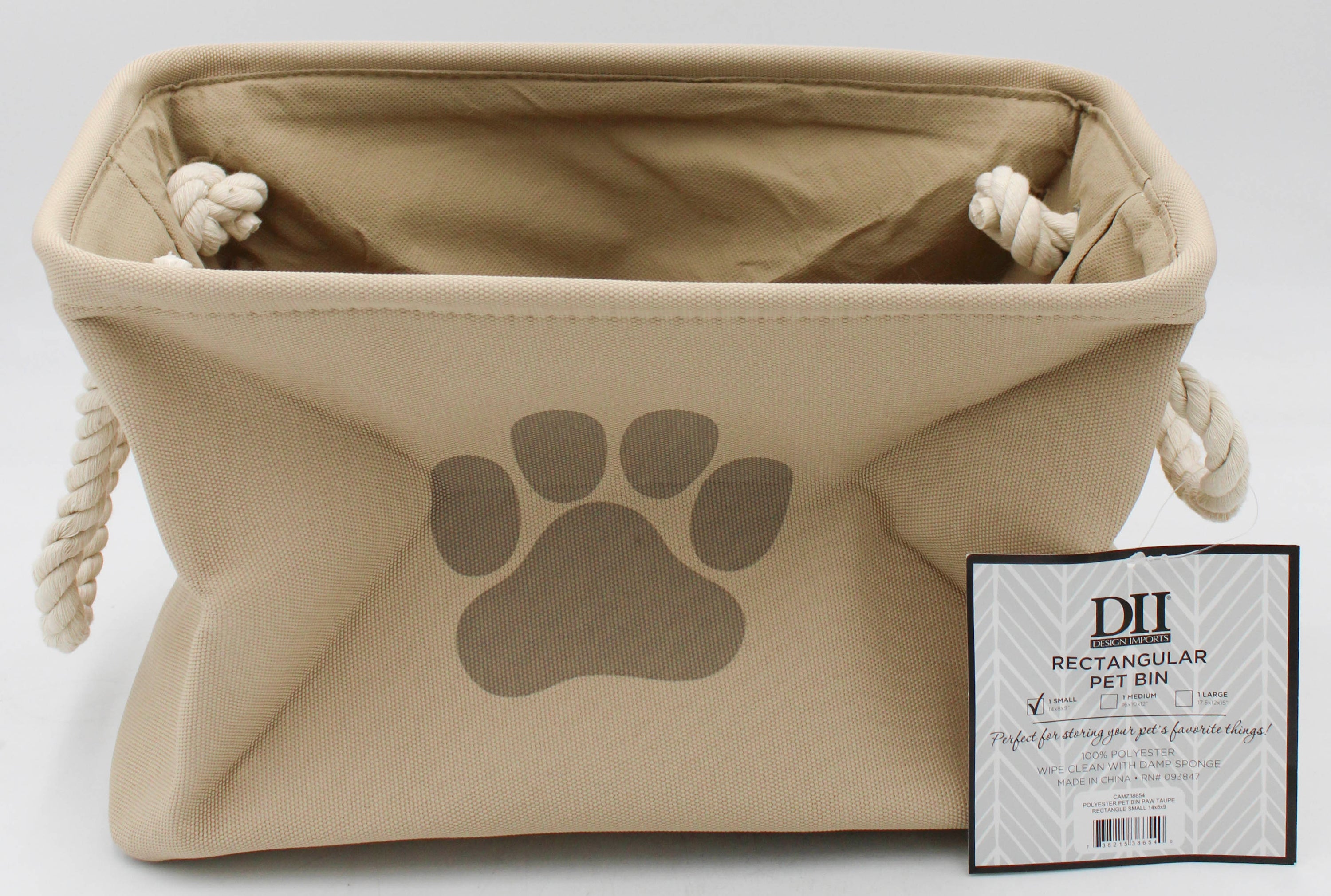 POLYESTER PET BIN PAW TAUPE RECTANGLE SMALL 14x8x9.