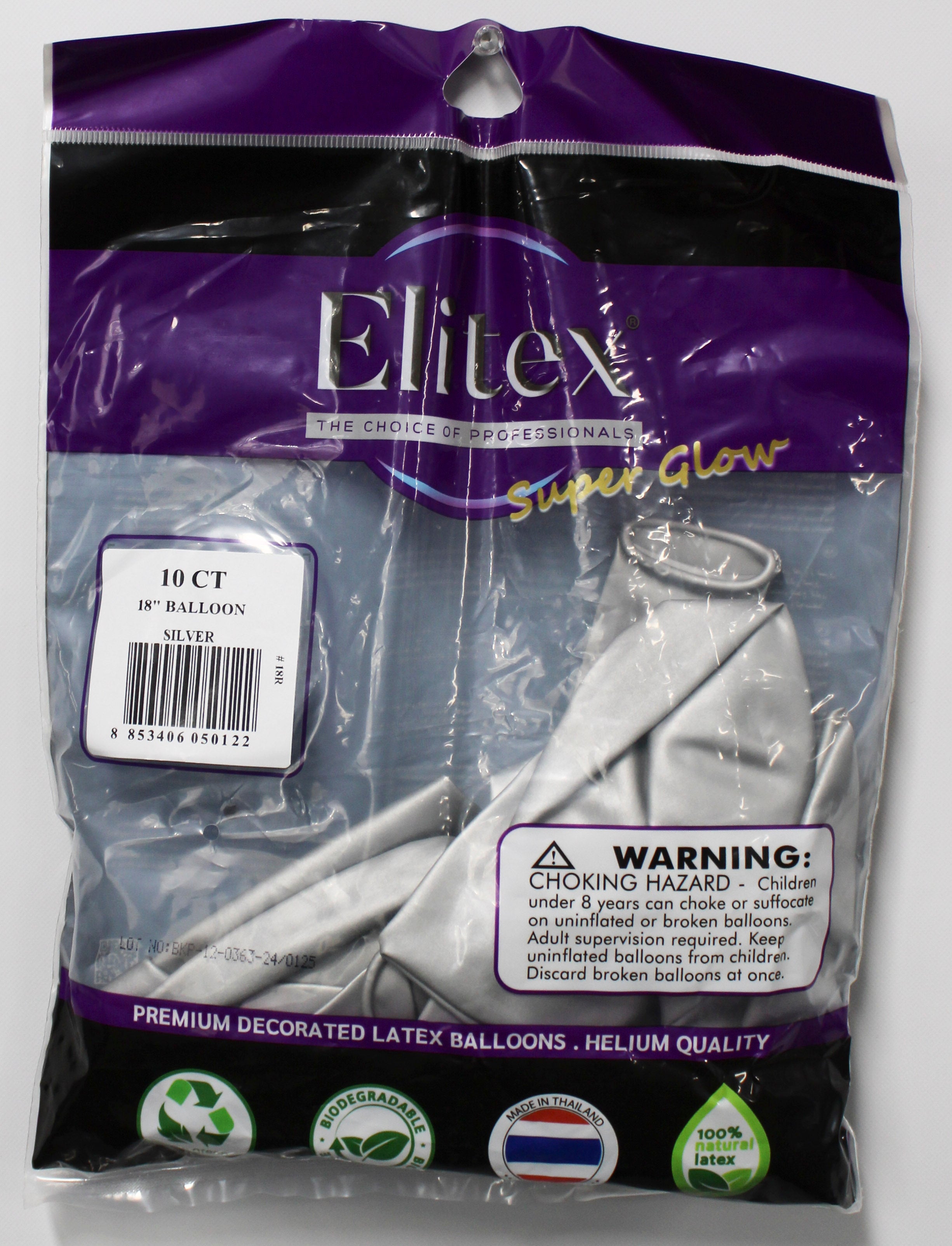 ELITEX 18" SUPERGLOW SILVER ROUND BALLOON, 10 PACK