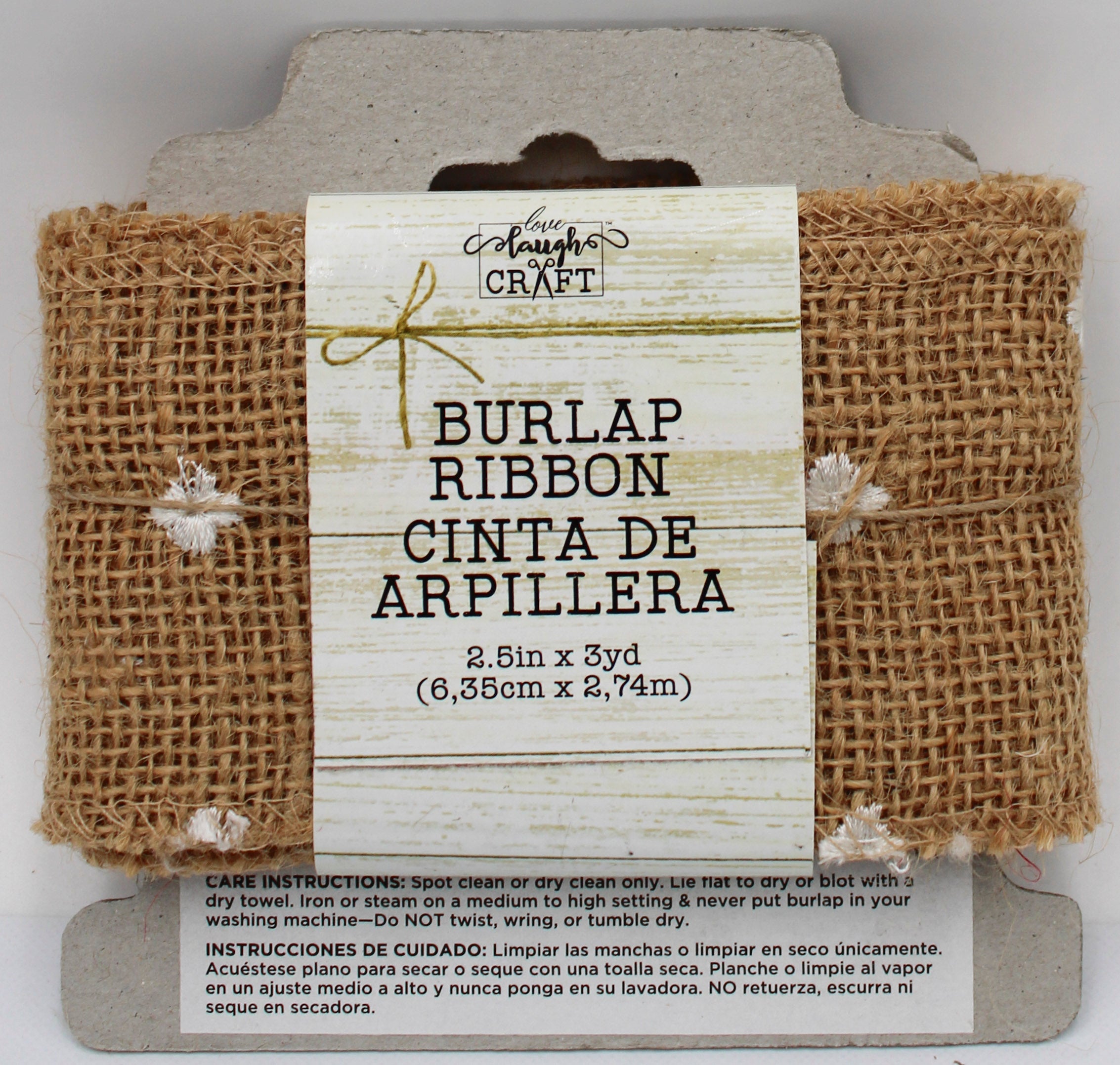 2.5 IN   X 3 YD   NATURAL BURLAP RIBBON - FINISHED EDGES - WHITE STITCHED SWISS DOTS