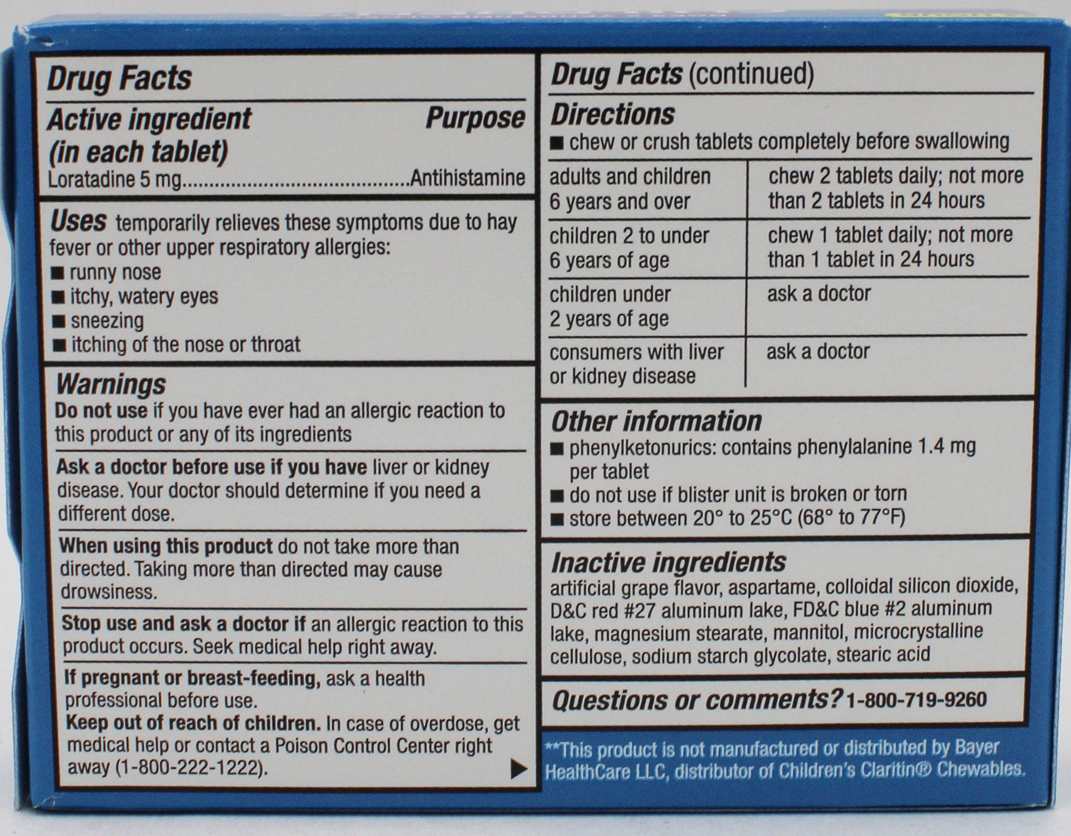 RITE AID CHILDREN'S ALLERGY RELIEF CHEWABLE TABLETS GRAPE 30ct EXP 1/31/2027 COMPARES TO Claritin