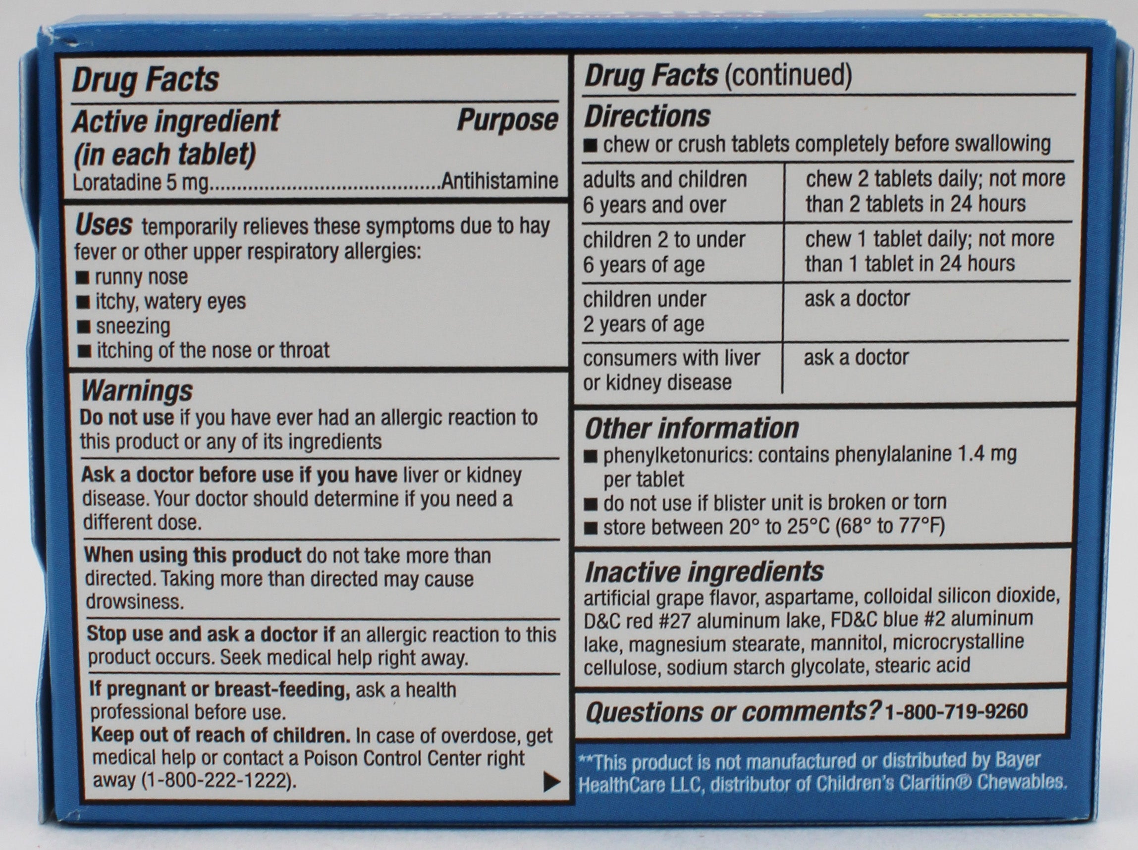 RITE AID CHILDREN'S ALLERGY RELIEF CHEWABLE TABLETS GRAPE 30ct EXP 1/31/2027 COMPARES TO Claritin