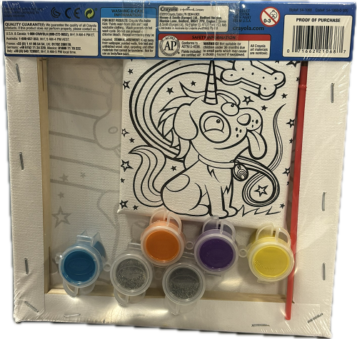 CRAYOLA CANVAS SET UNI CREATURES! INCLUDES:6-1ozPAINTS 2CANVASES 1BRUSH NI