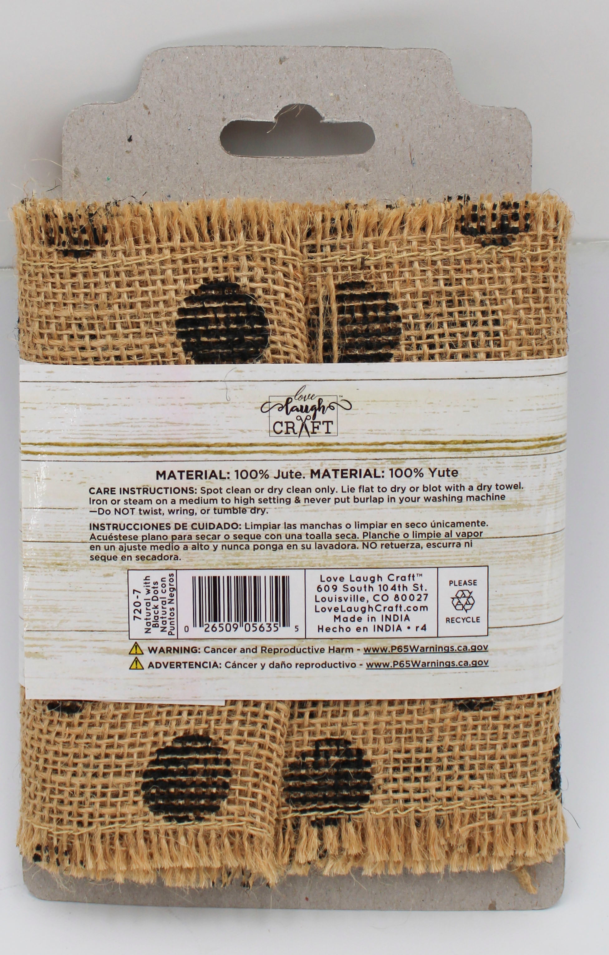 Natural Burlap Ribbon 5in x 3yd Frayed Edge Black Dot (Bulk)