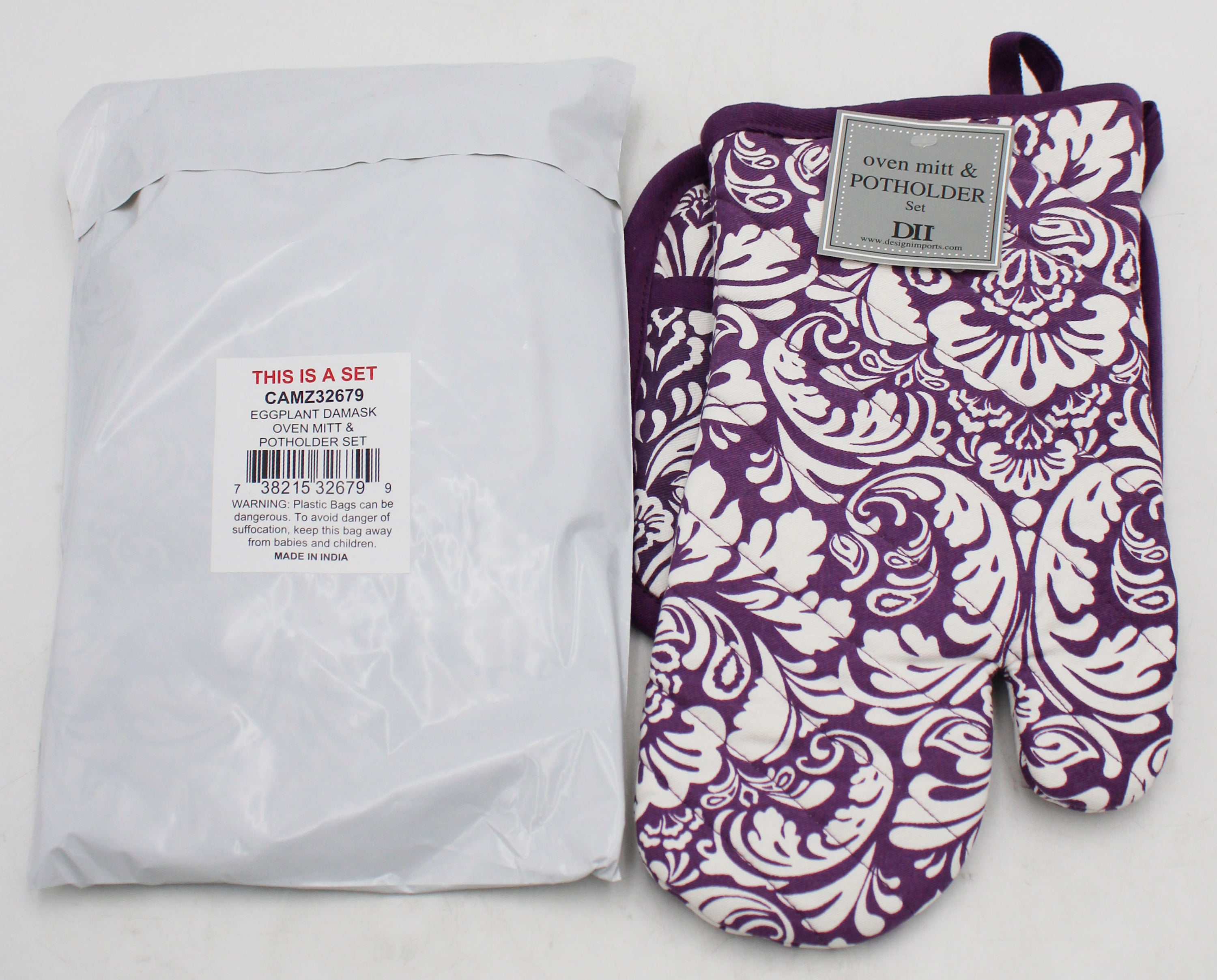 2 CT OVEN MITT & POTHOLDER SET - EGGPLANT DAMASK