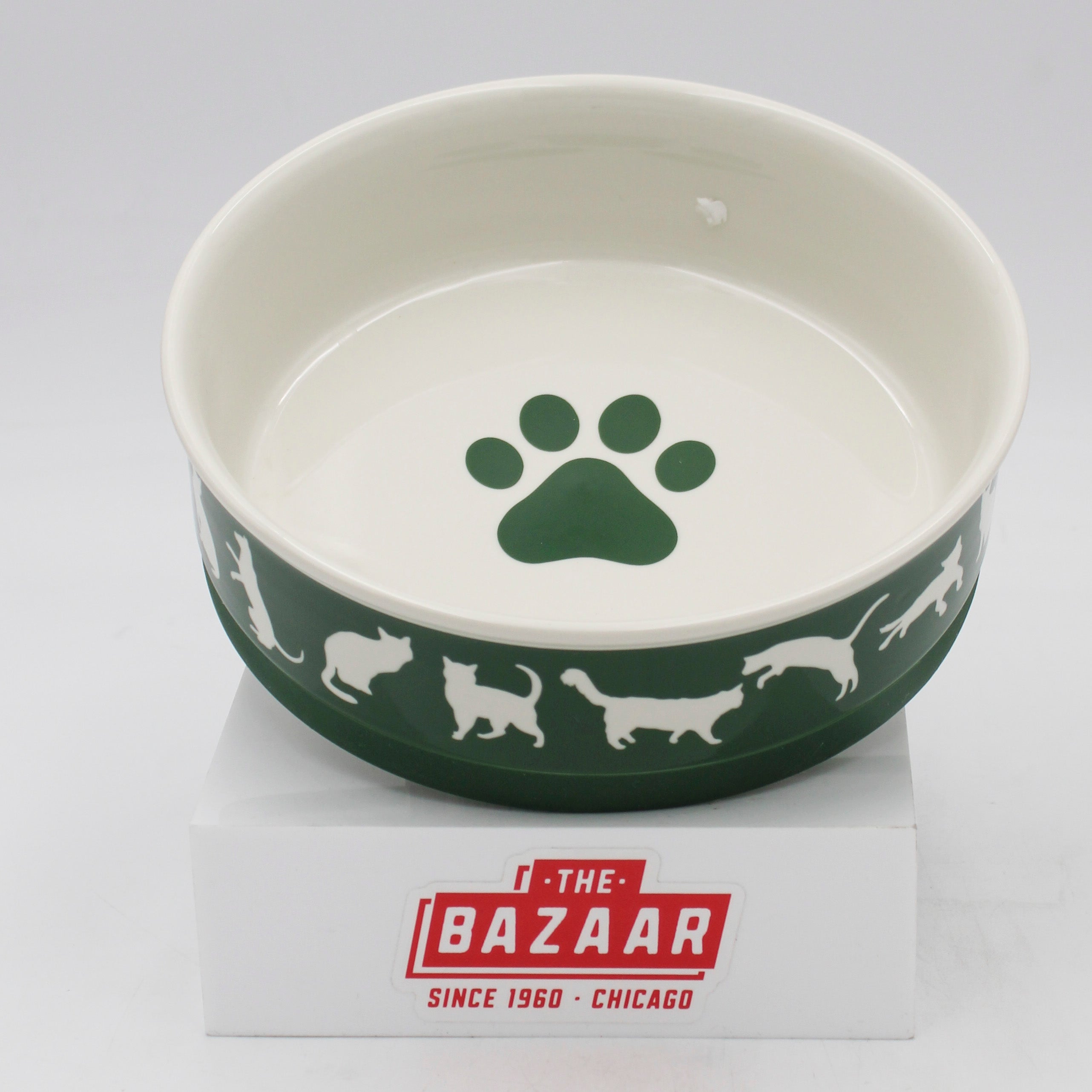 CERAMIC PET BOWL - CATS MEOW HUNTER GREEN - LARGE 7.5Dx2.4H
