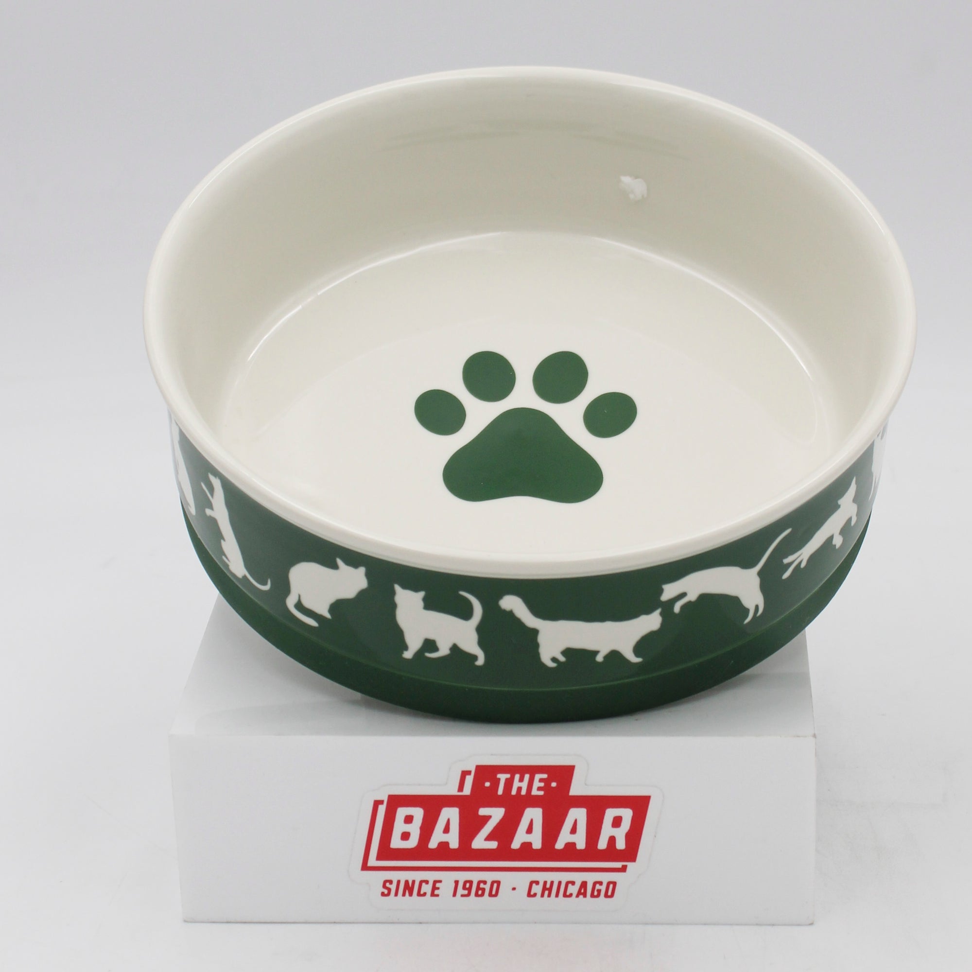 CERAMIC PET BOWL - CATS MEOW HUNTER GREEN - LARGE 7.5Dx2.4H