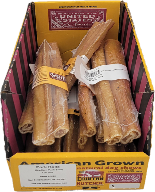 THE COUNTRY BUTCHER NATURAL DOG CHEWS PORK ROLLS 2CT MEDIUM 2.2oz BB 12/2/26