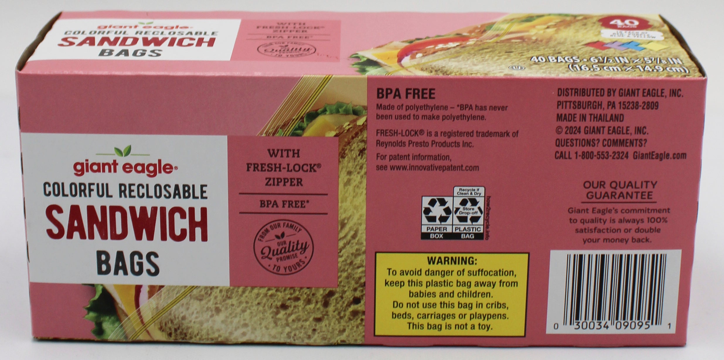 40CT GIANT EAGLE SANDWICH BAGS - PRESS TO CLOSE ASST COLORS