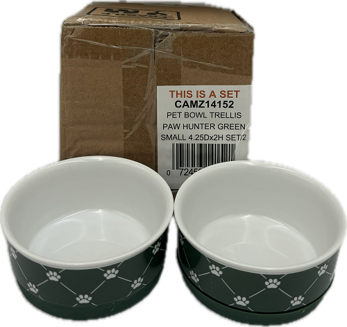 PET BOWL - TRELLIS PAW HUNTER GREEN - SMALL 4.25Dx2H SET/2
