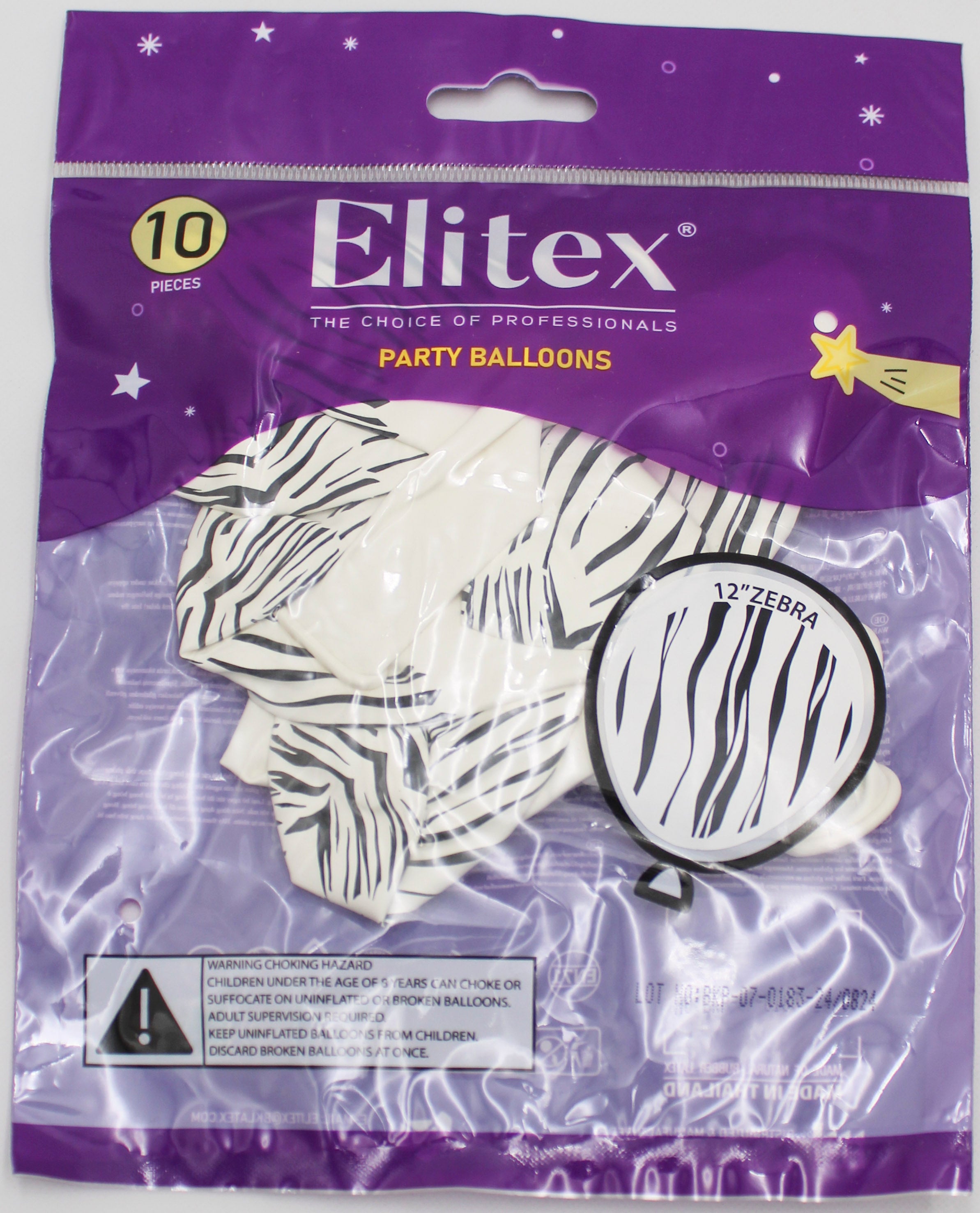 ELITEX 12" WHITE ZEBRA PRINTED BALLOON, 10 PACK